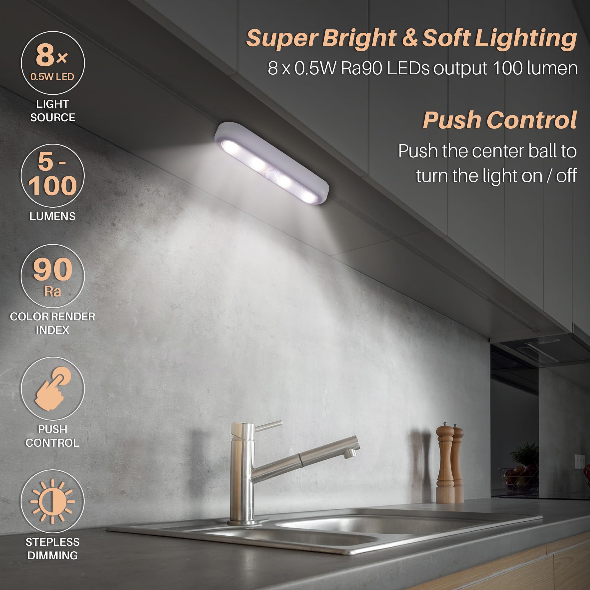 STAR-SPANGLED 7” Dimmable Push Tap Lights - LED Touch Lights, Battery Operated, 3 Color Modes for Kitchen & Closet, Model US-8022