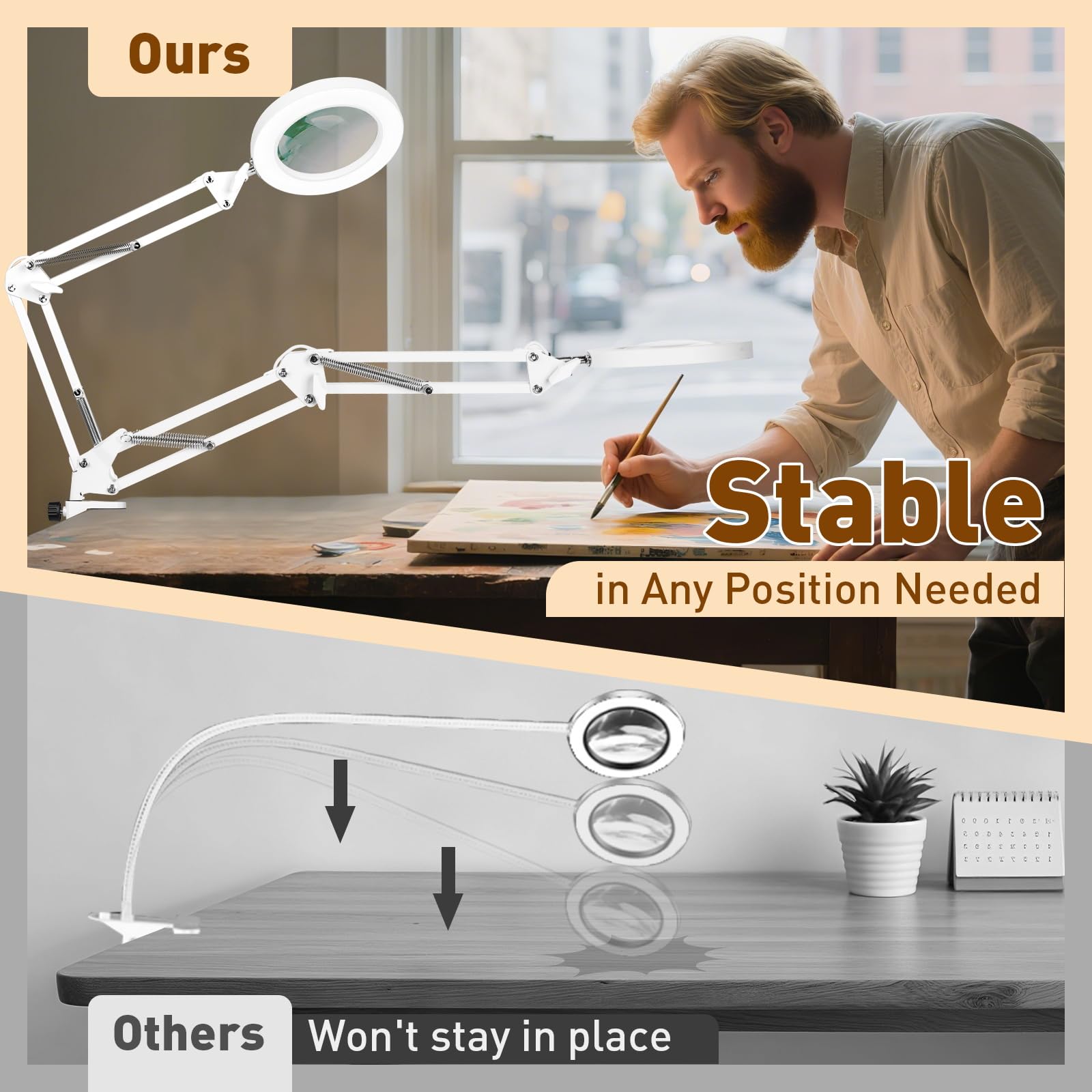 KIRKAS 10X LED Magnifying Lamp, Real Glass Lens, Stepless Dimmable, Adjustable Clamp, White, Model KR-DB-White