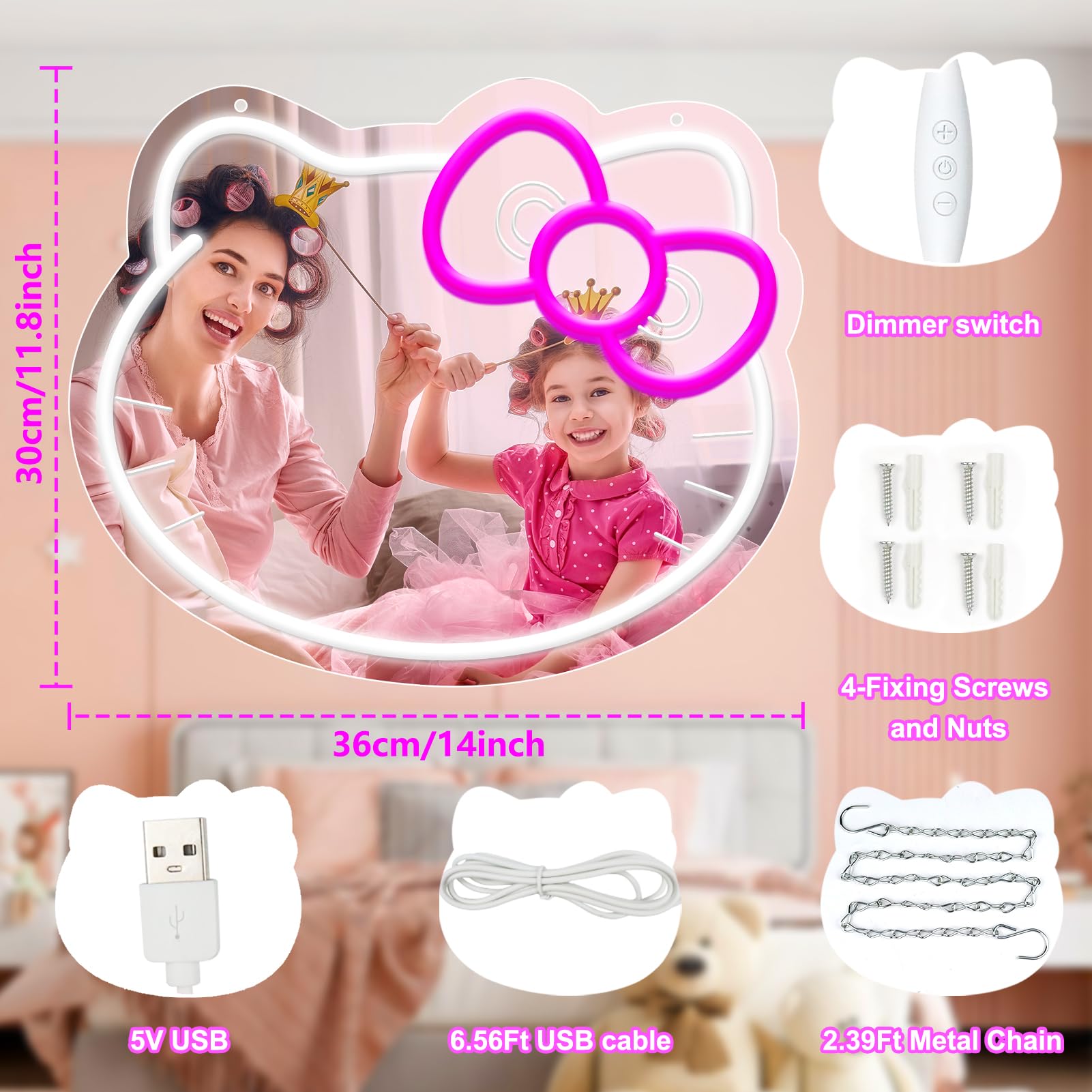 YASIZESOU Hello Kit Vanity Mirror with Neon Sign, 14inx11.8in, Pink Bow, Adjustable Brightness, USB Powered, Model HKDP02