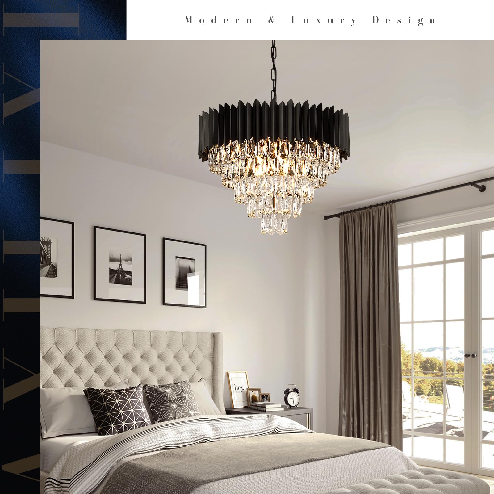 A AXILIXI Black Crystal Round Chandelier 24" Dimmable 12 Lights Luxury Ceiling Pendant Light Fixture Model DH88511BK-600