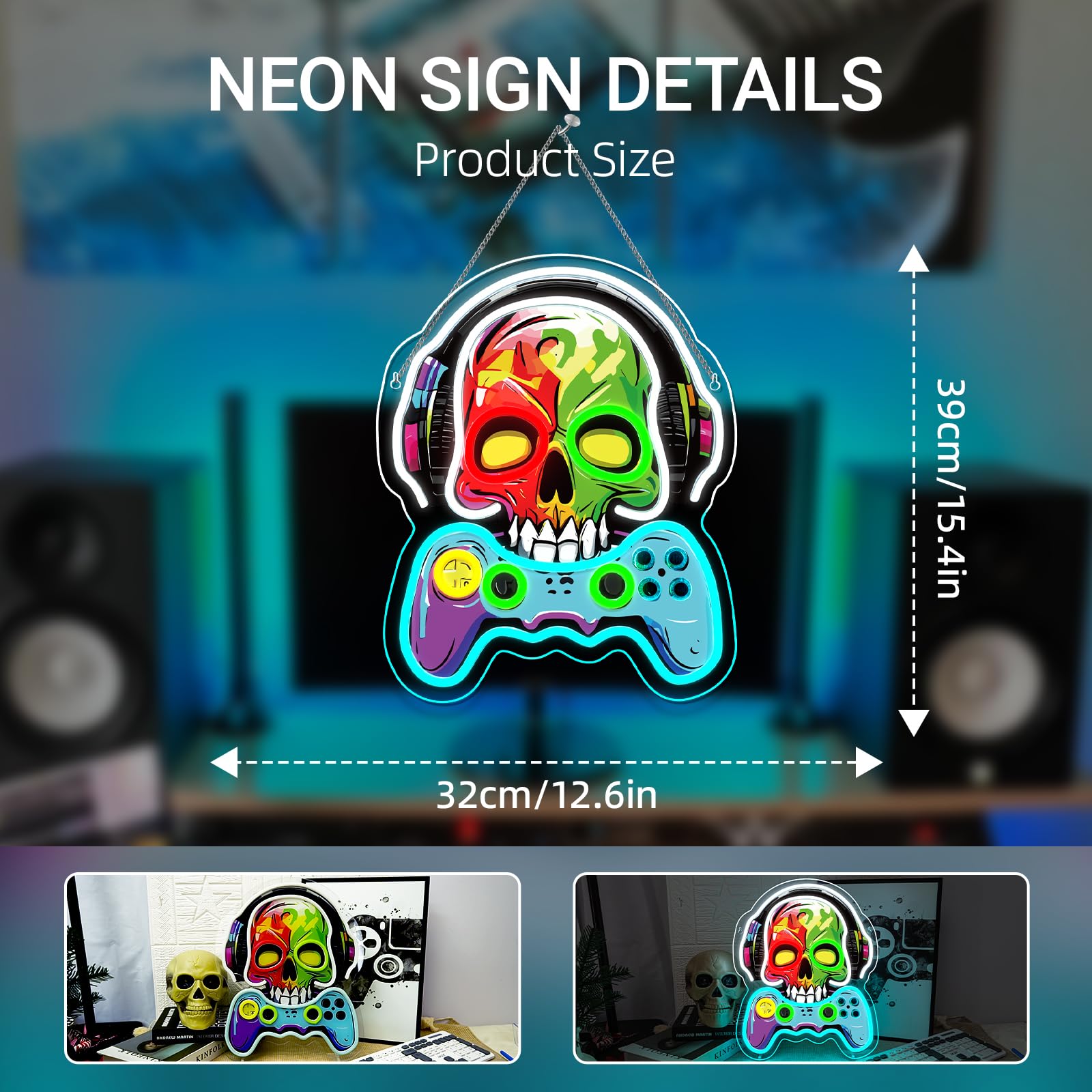 Game Neon Sign Skull Neon Signs For Wall Decor Earphones Led Lights Colorful Light Up For Game Room Boy Room Decor Bar Man Cave Club Party Decoration Gaming Boys Birthday Gifts