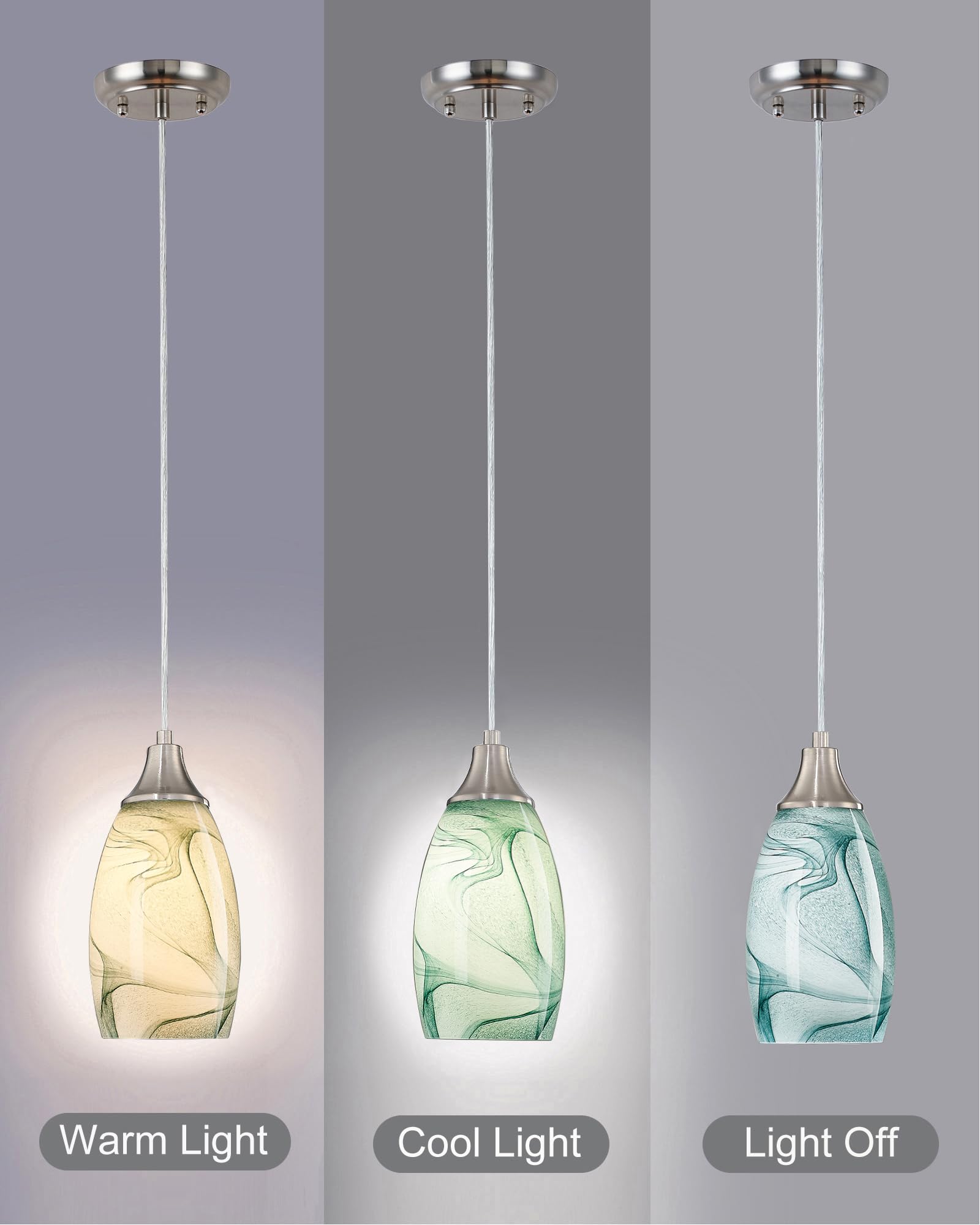karyfine Mini Pendant Light Hand Blown Glass Shade Brush Nickel Finish Green Marble 1039AP
