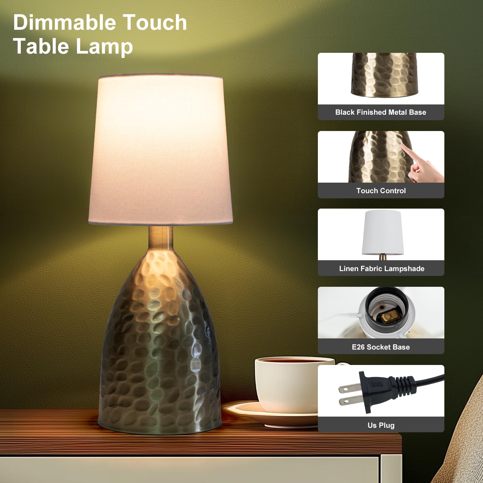 Touch Lamps For Nightstand, Gold Bedside Lamp Touch Control For Bedroom With Linen Shade, Mid Century Modern 13 Inch Small Table