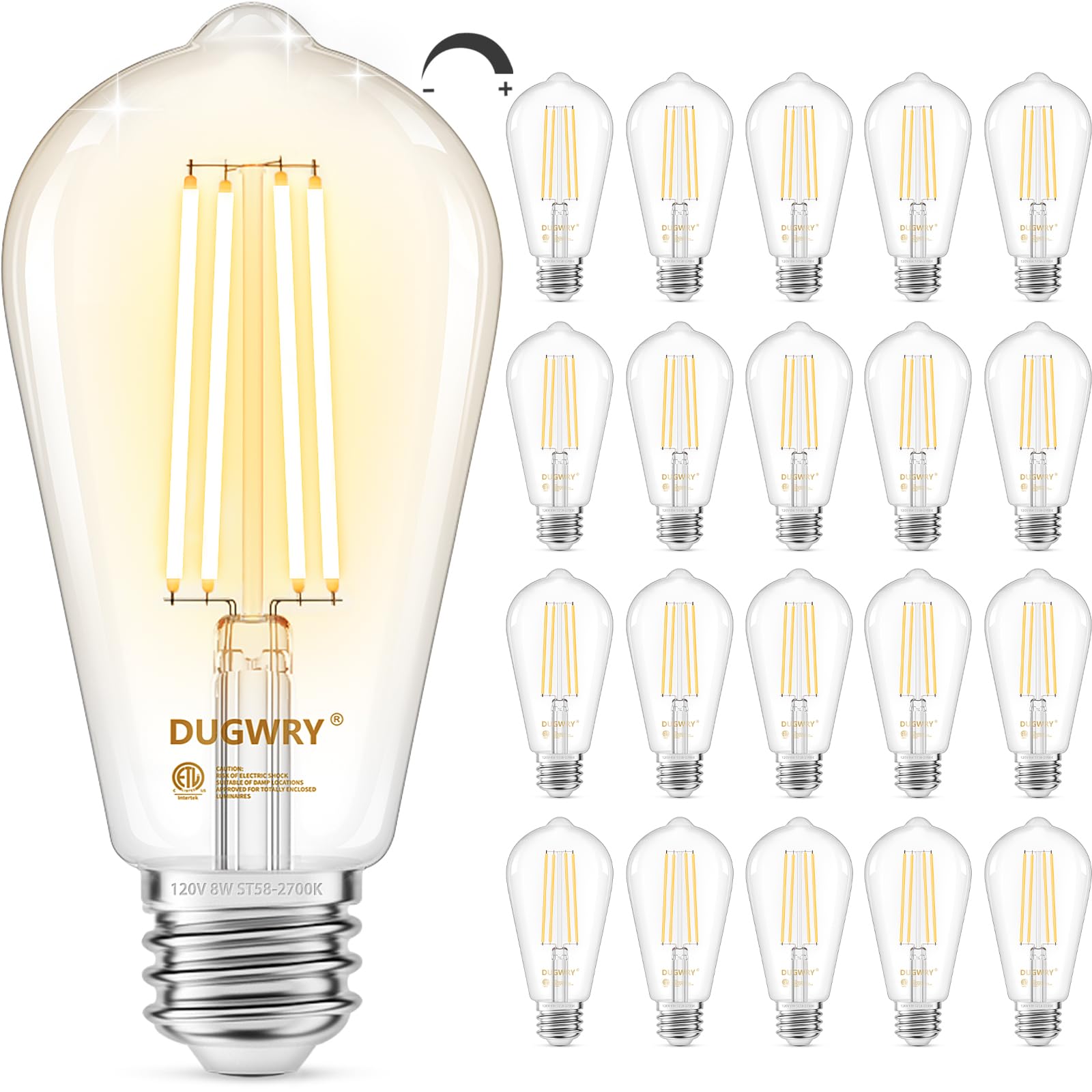 Dugwry 20 Pack Vintage Led Edison Bulbs, Dimmable E26 Led Bulb Equivalent 60W,2700K Warm White,800Lm, 8 W St58 Antique Led Filam