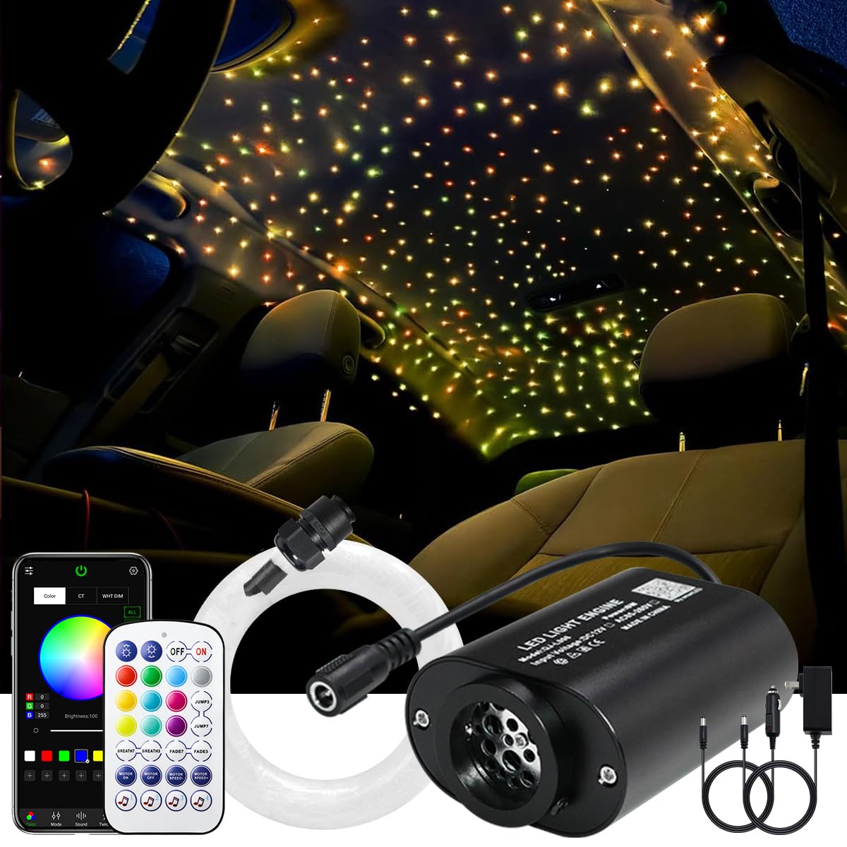 AKEPO 6W Mini Size Twinkle RGBW Fiber Optic Lights, 300pcs 0.03in 9.8ft/3m APP Control Music Activated Optical Fiber Star Ceilin