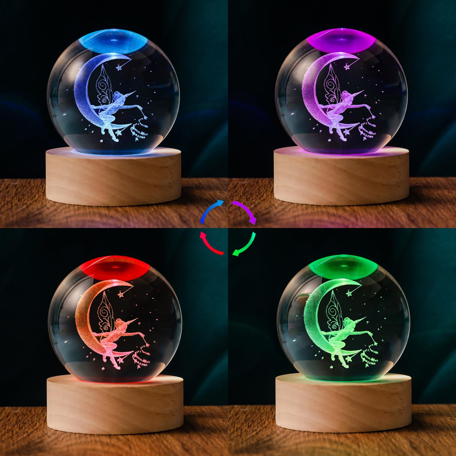 Qianruna 3D Moon Fairy 60Mm Crystal Ball 3D Fairly Night Light Lamp Decor Gifts For Girls Women Her Girlfriend Kids Adults Fairy