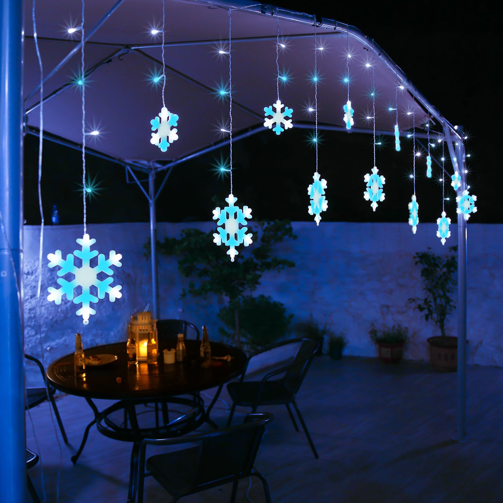 Toodour 17.22ft LED Snowflake Lights - 264 Waterproof Icicle Lights in White & Ice Blue, 8 Modes, Model LED08240264
