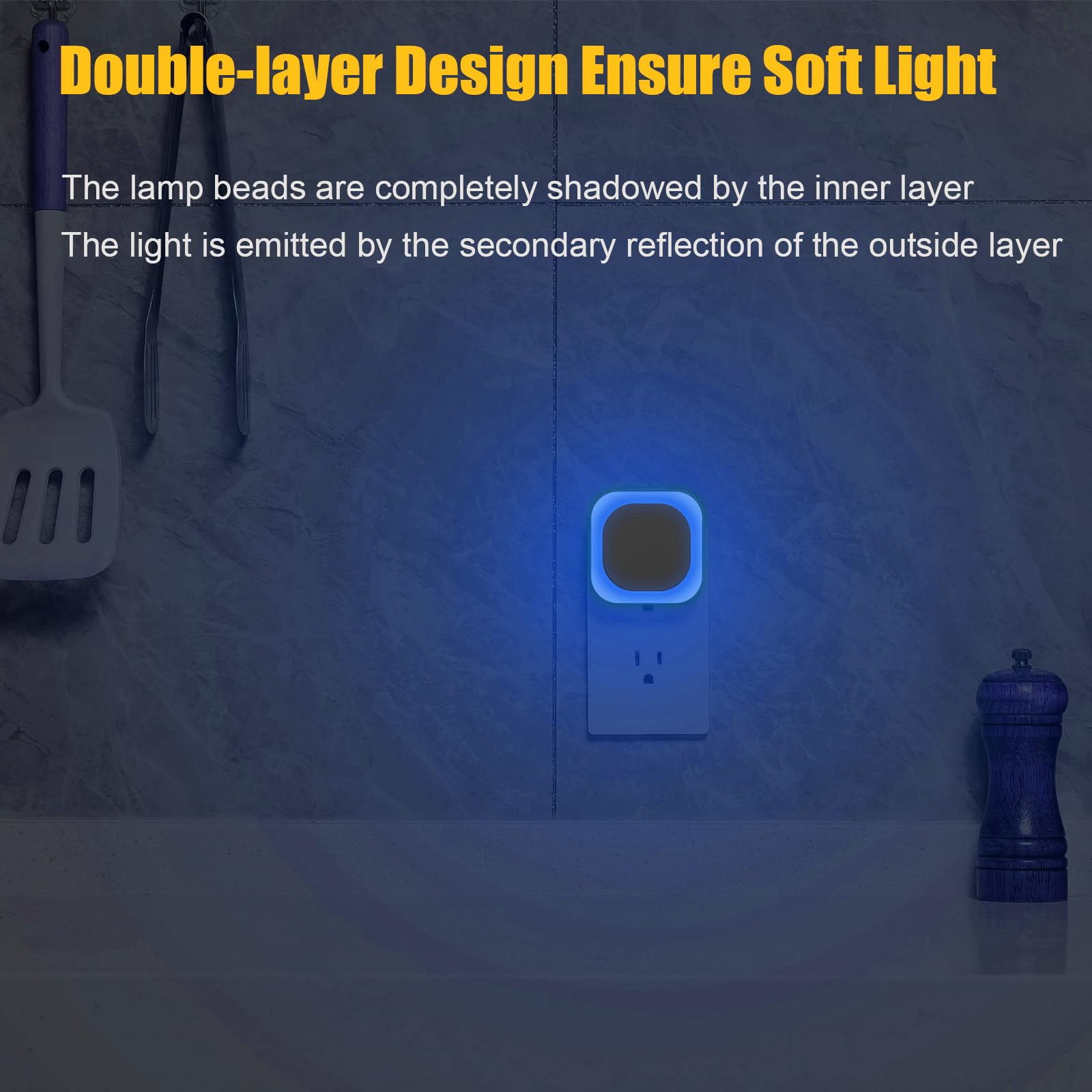 Yunlex 2 Pack Plug In Dimmable Night Light, Auto Dusk To Dawn Sensor, Square Nightlight, Led Wall Night Light, Soft Glow, Azure Nightlight For Bathroom, Hallway, Stairs, Kitchen, Bedroom, Garage