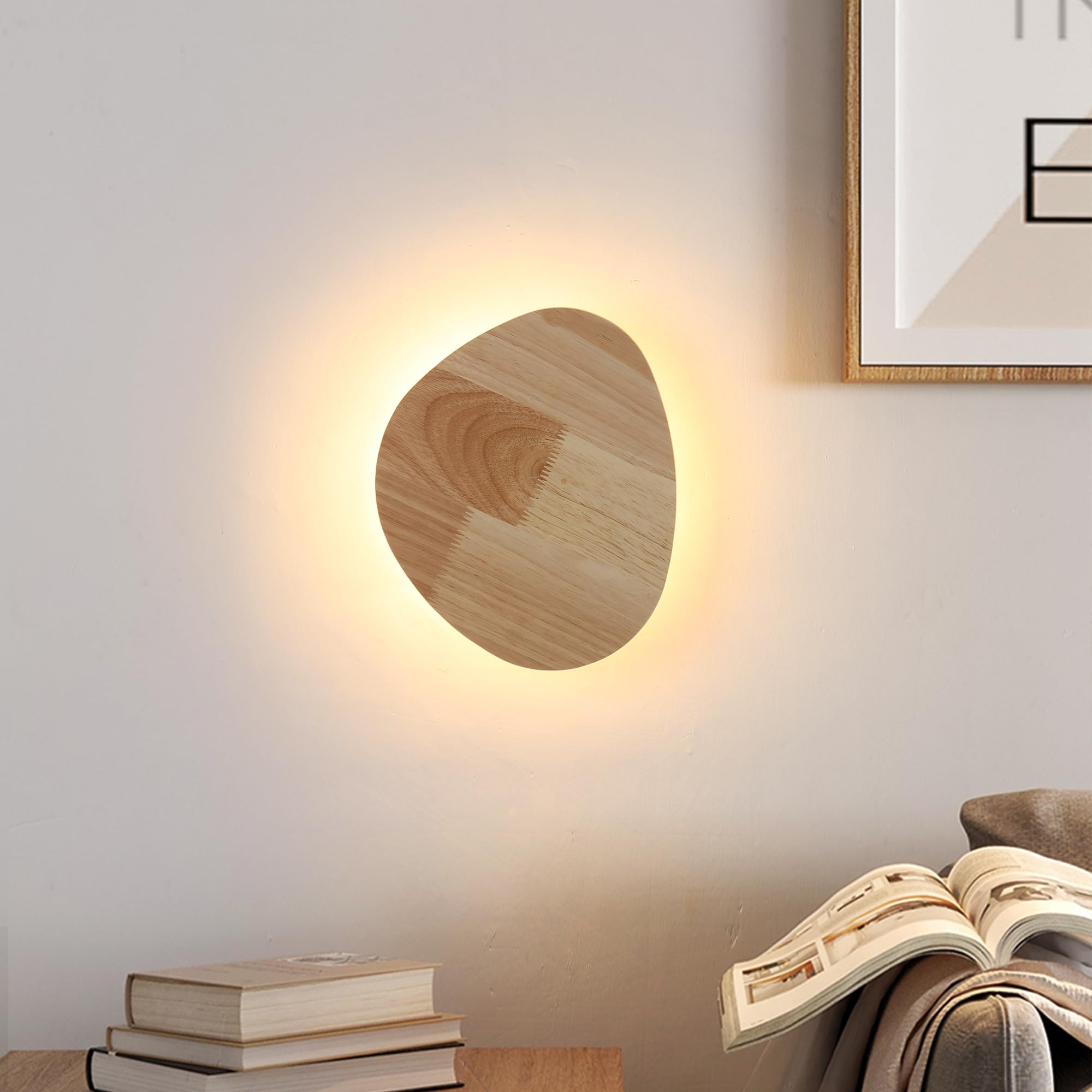 Modern Minimalist Plug in Wall Sconces, 9.4 Plug-in Or Cordless Wood Backlight LED Wall Lamp, 12W, 1100LM Warm White Brightnes