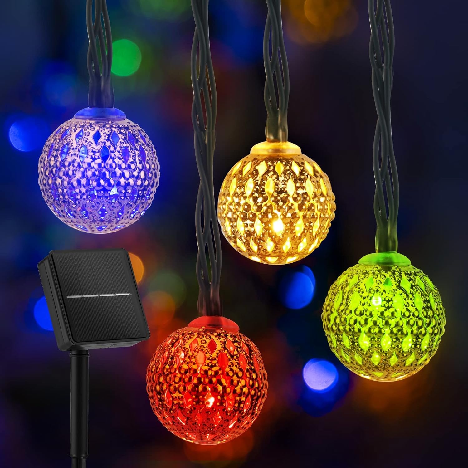 Brightown Solar Moroccan String Lights, 60 LED, 36 Ft, Waterproof, 8 Lighting Modes, Multicolor, Plastic