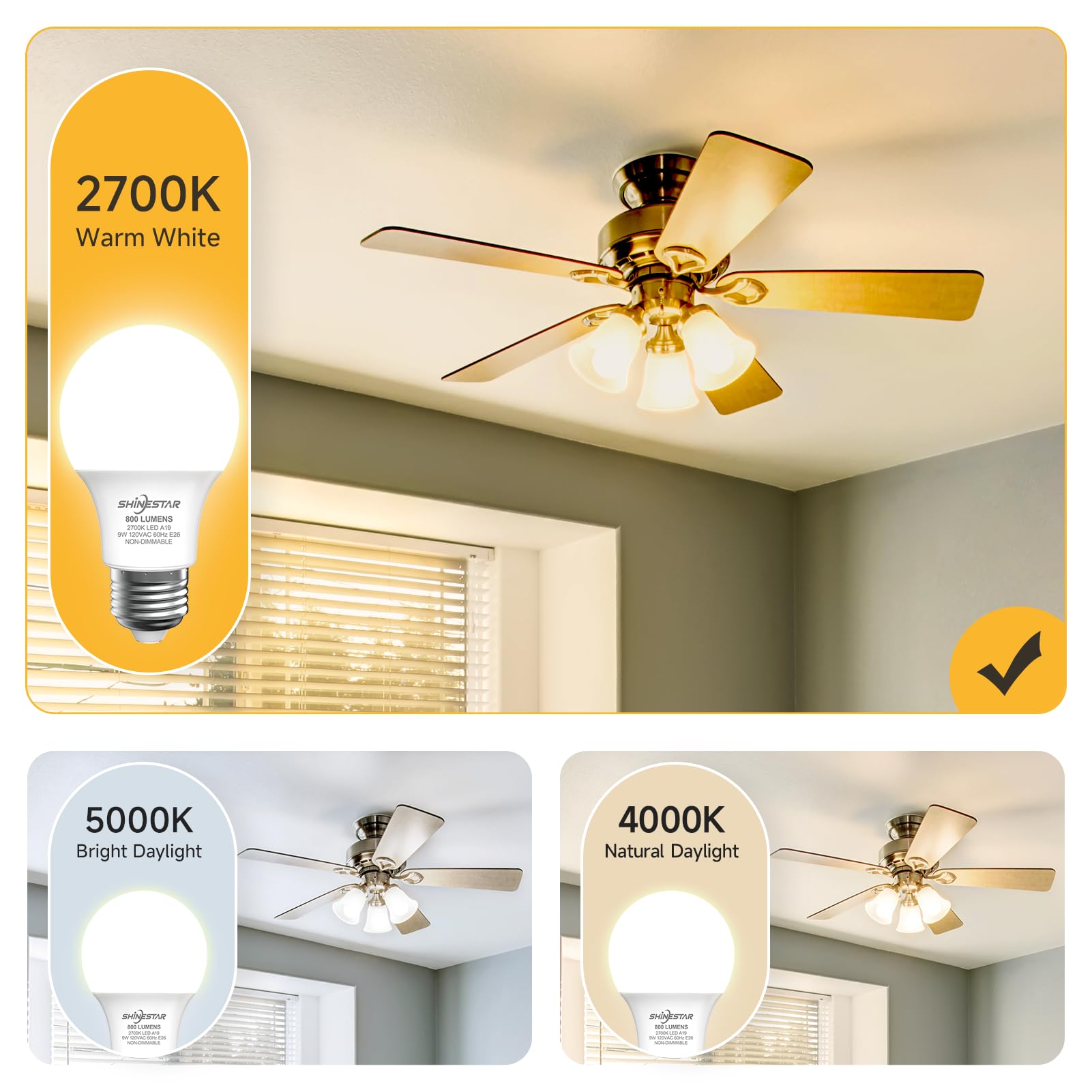 Shinestar Light Bulbs 60 Watt Soft White, A19 Led Bulb 2700K, Standard E26 Medium Base, 800Lm, Non-Dimmable, 6-Pack