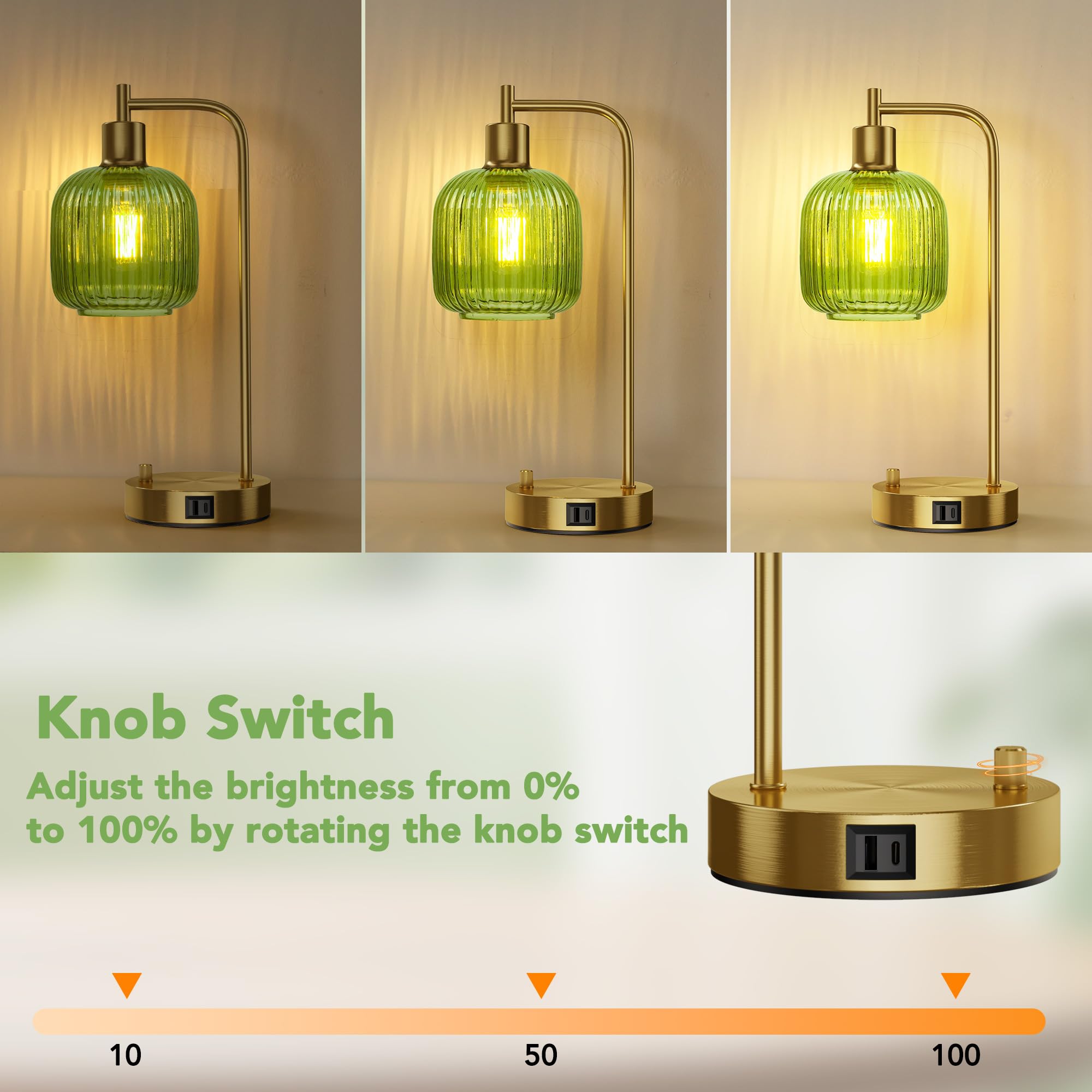 QiMH Industrial Table Lamp Set of 2, Green Glass with USB Ports, Dimmable Gold Finish, Model STR-DL-0208, Ideal for Bedroom & Living Room