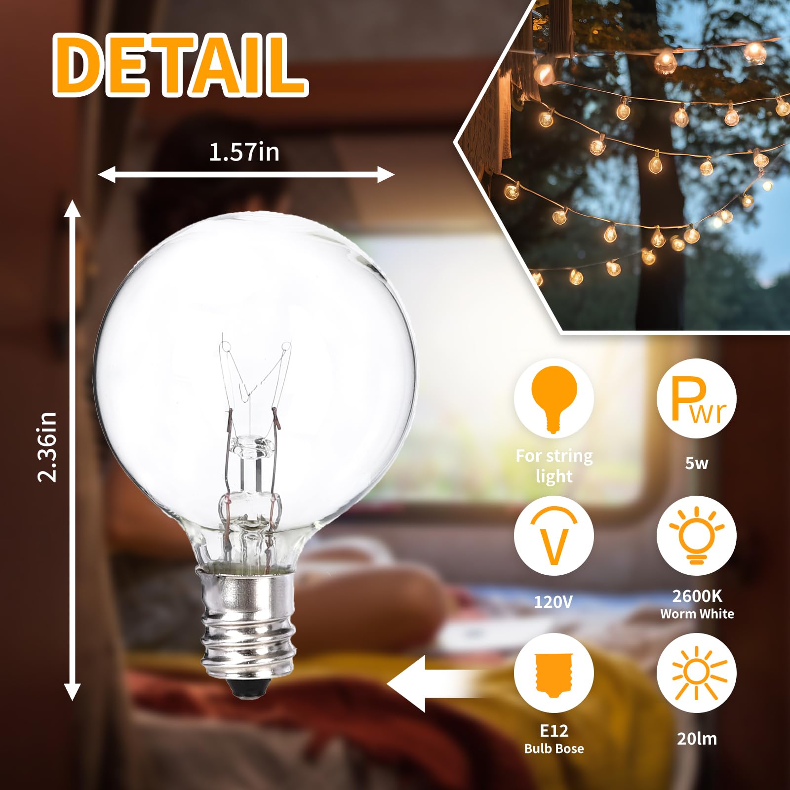 Hinuaxbulb 25 Pack Outdoor String Light Bulbs G40 Christmas Replacement Bulbs 120V Clear Globe 5W Bulbs Dimmable With E12 Base F