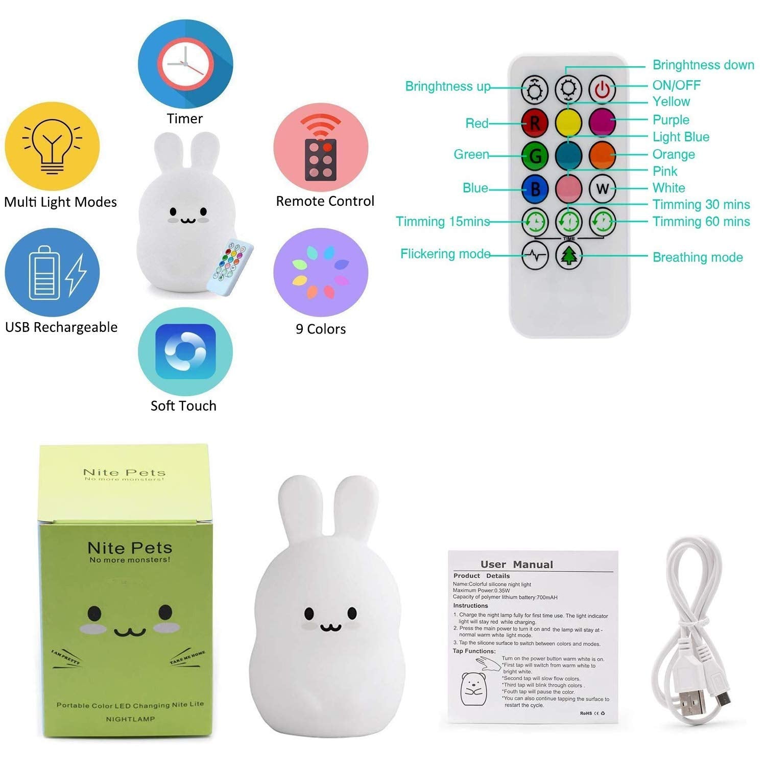Tianhaixing Rabbit Night Light - Rechargeable LED Silicone Lamp, Remote & Touch Control, Adjustable Brightness & Colors, White, Model THX8854