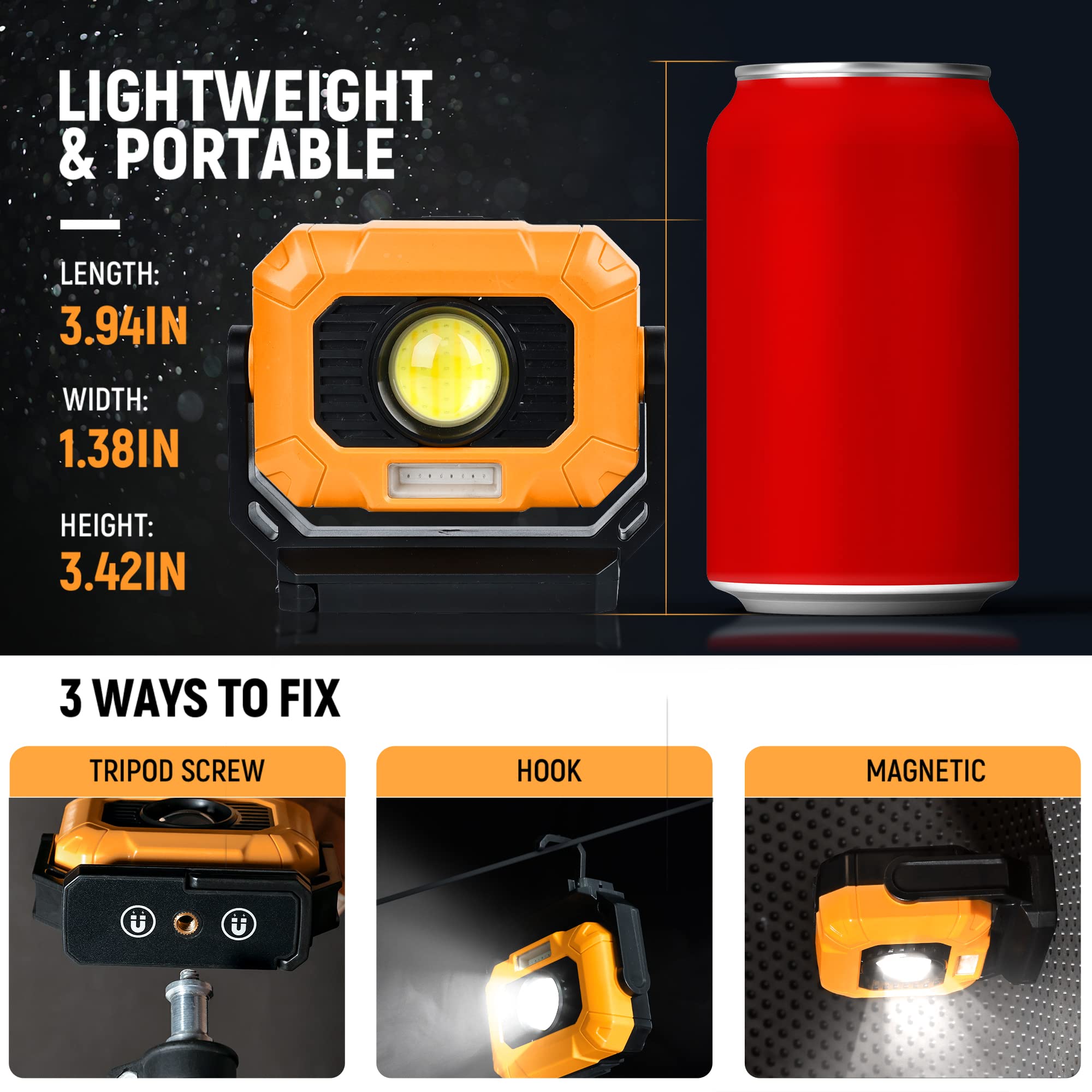 Adelante 2Pack Magnetic Work Light Rechargeable, 1500Lm Led Work Light, Flashlight With 360° Rotating Stand 3 Color Temperature 6 Modes Waterproof Bright Flood Light For Mechanic And Working(2Pack)