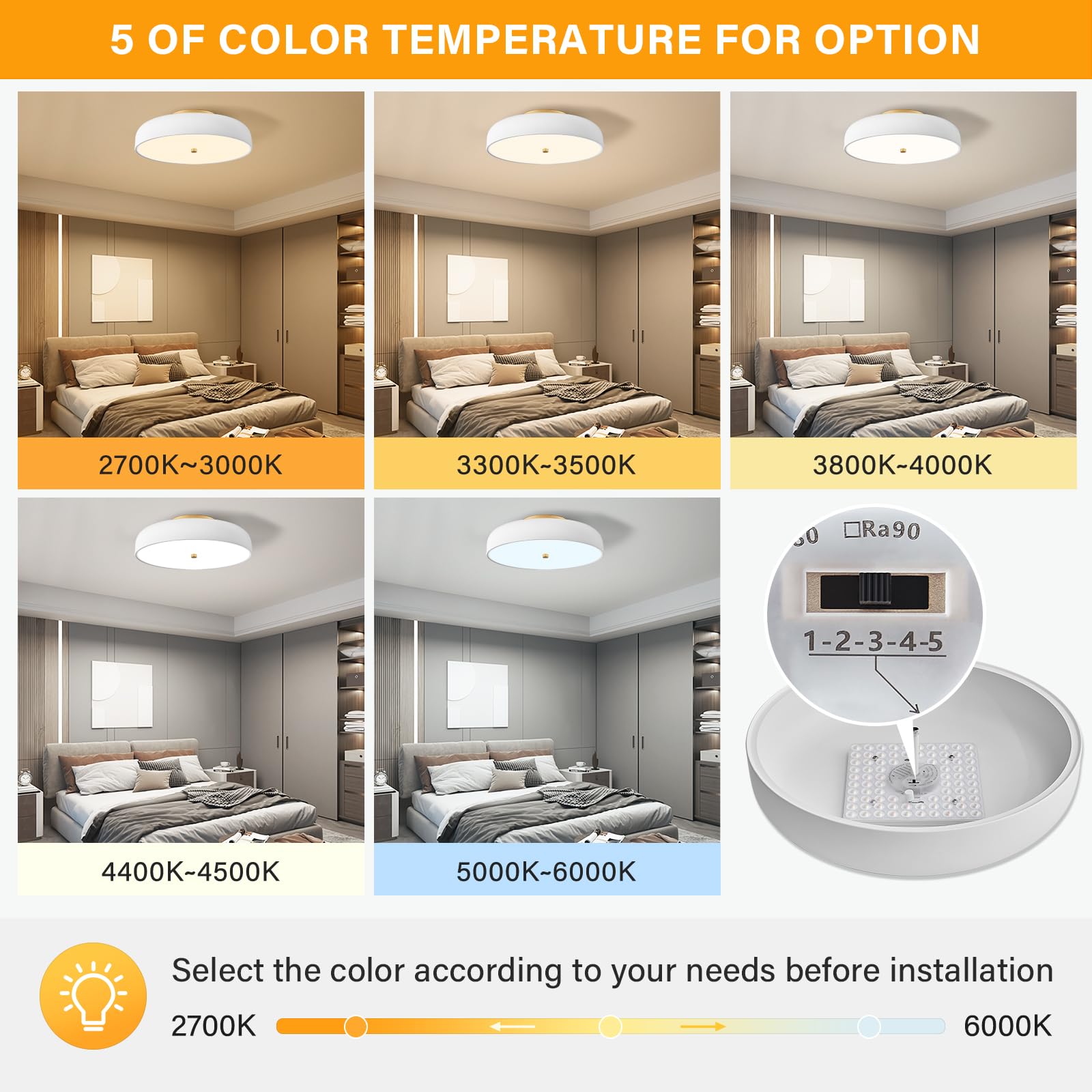 Onesming Dimmable Led Ceiling Light Fixture, 2700K-6000K 5Cct Modern Semi Flush Mount Ceiling Light, Gold Close To Ceiling Lamp