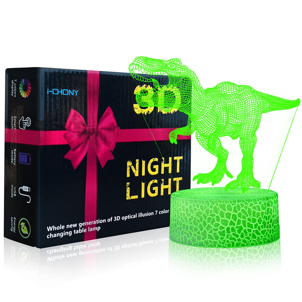i-CHONY Dinosaur Toy T-Rex 3D Night Light for Kids - 16 Color Dimmable LED Light with Remote & Smart Touch & USB Cable - Gift fo