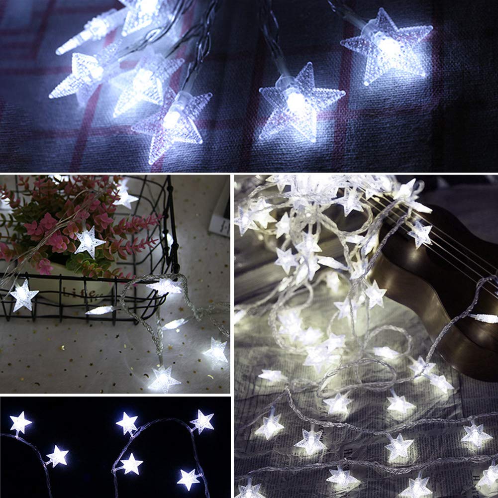 Twinkle Star 100 LED White Star String Lights, Waterproof, 49 ft, Plug-in Fairy Lights for Indoor/Outdoor Wedding, Christmas, Garden Decor