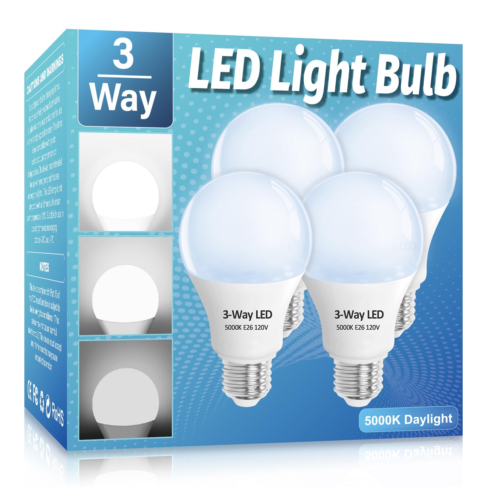 Wiyifada 3 Way Led Light Bulbs 4 Pack, 30 70 100 Watt Equivalent, Daylight 5000K A19 Light Bulbs E26 Base, Indoor 3-Way Light Bu