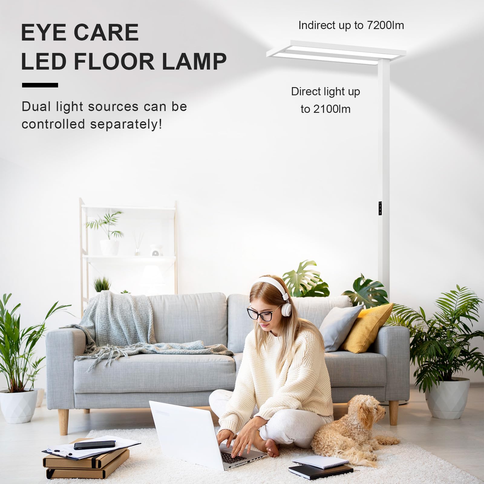 STERREN Motion Sensor Floor Lamp, 100W LED, 9300LM, 2700K-5000K, Modern Design for Living Room, Study, Bedroom - White-Motion Sensor