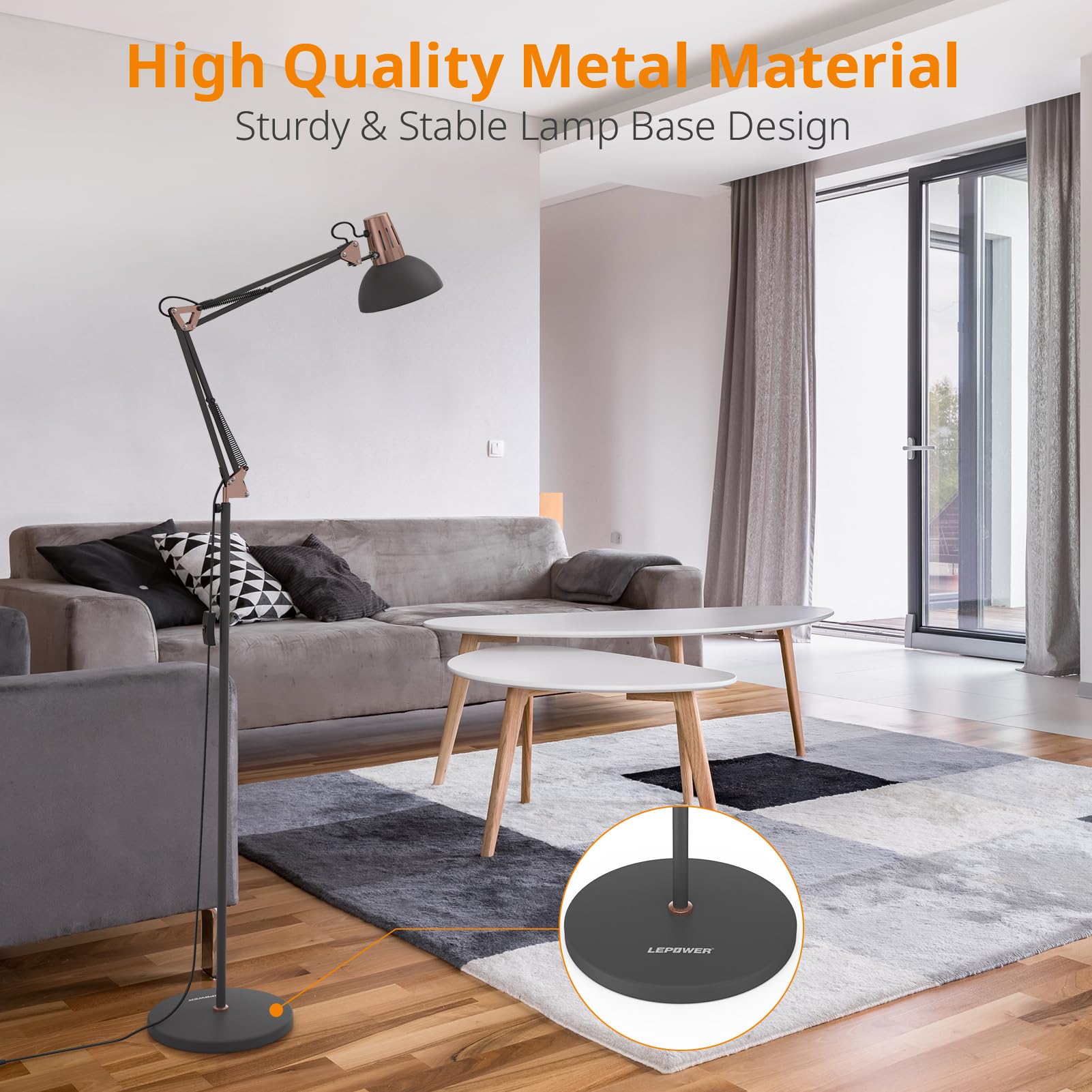 LEPOWER Adjustable Metal Floor Lamp - Eye-Caring Reading Lamp with On/Off Switch, Sand Black, Model UF2006