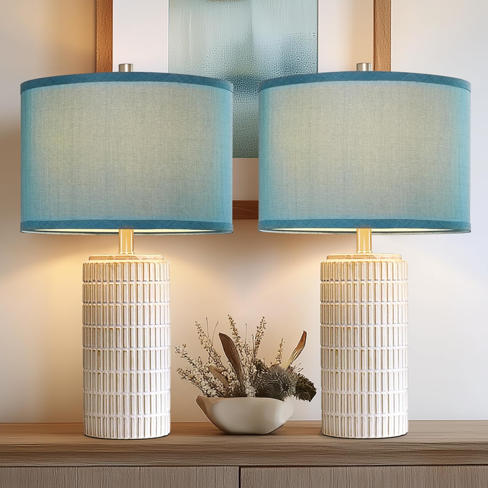 Aieampdo 23'' Modern Ceramic Nightstand Table Lamps Set Of 2, Nautical Lamps For Bedroom Bedside, Side Table Lamps For Living Ro