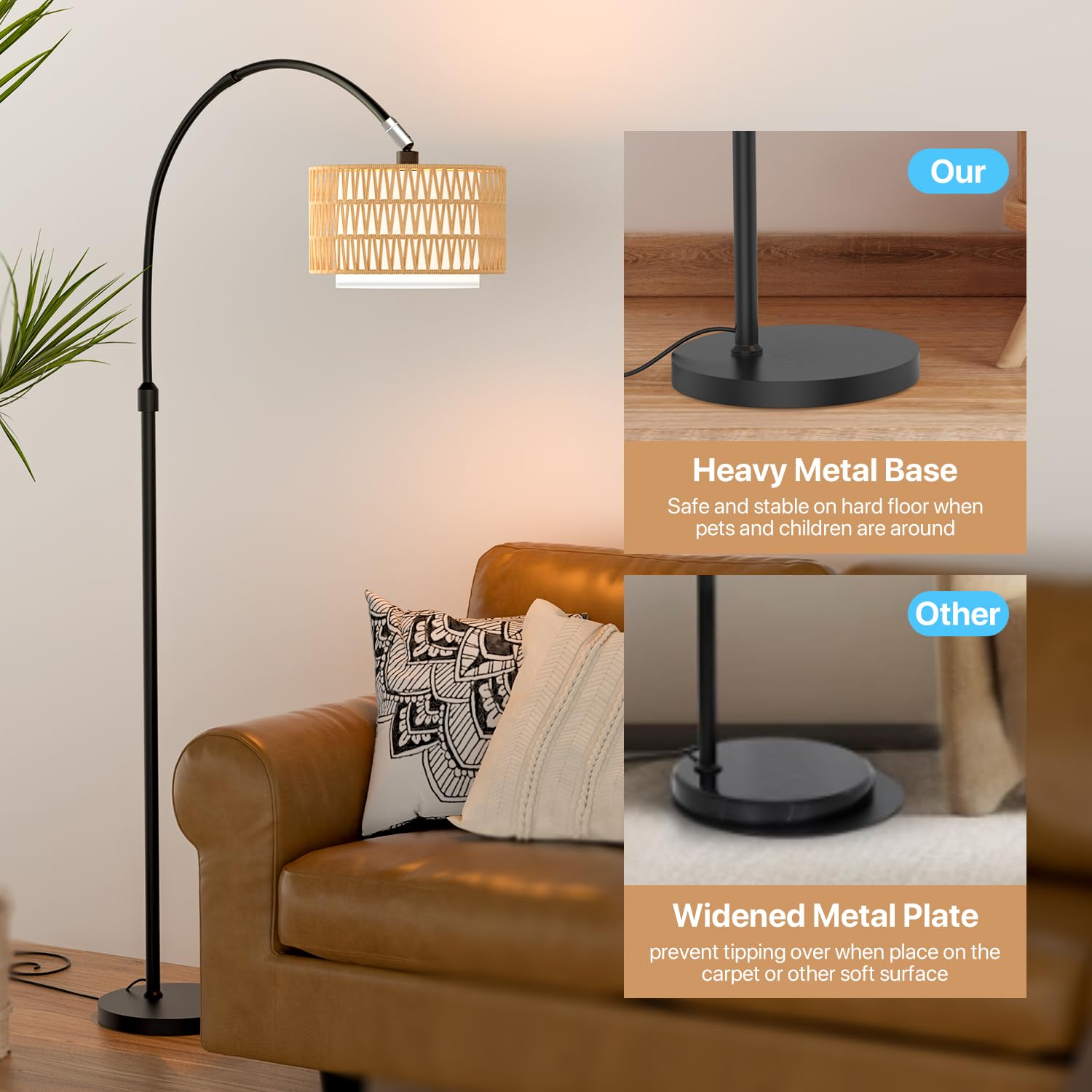 Lumenfox Arc Floor Lamp with Remote Control, Dimmable LED, 3 Color Temperatures, Black and Brown, Model LF-FRL03-A-1P