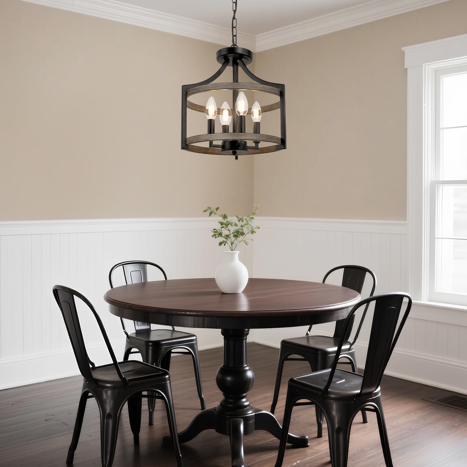 WBinDX 4-Light Farmhouse Chandelier, Rustic Metal Pendant Light, Black Faux Wood, Model WB128S-4BW, Ideal for Dining Room & Entryway