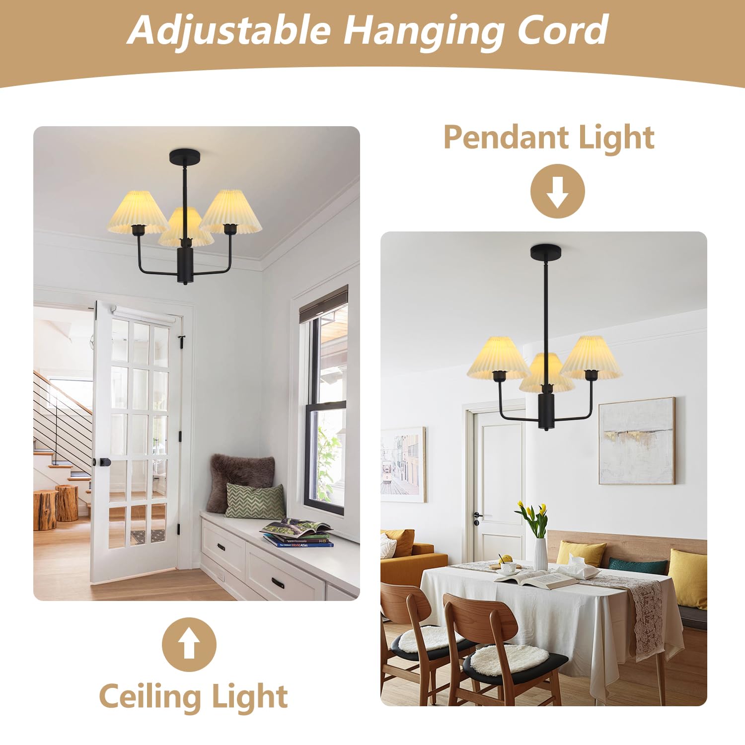 Kco Lighting Transitional Pleated Chandelier Mid Century Modern Sputnik Chandelier Black 3 Light Chandelier Ceiling Light White