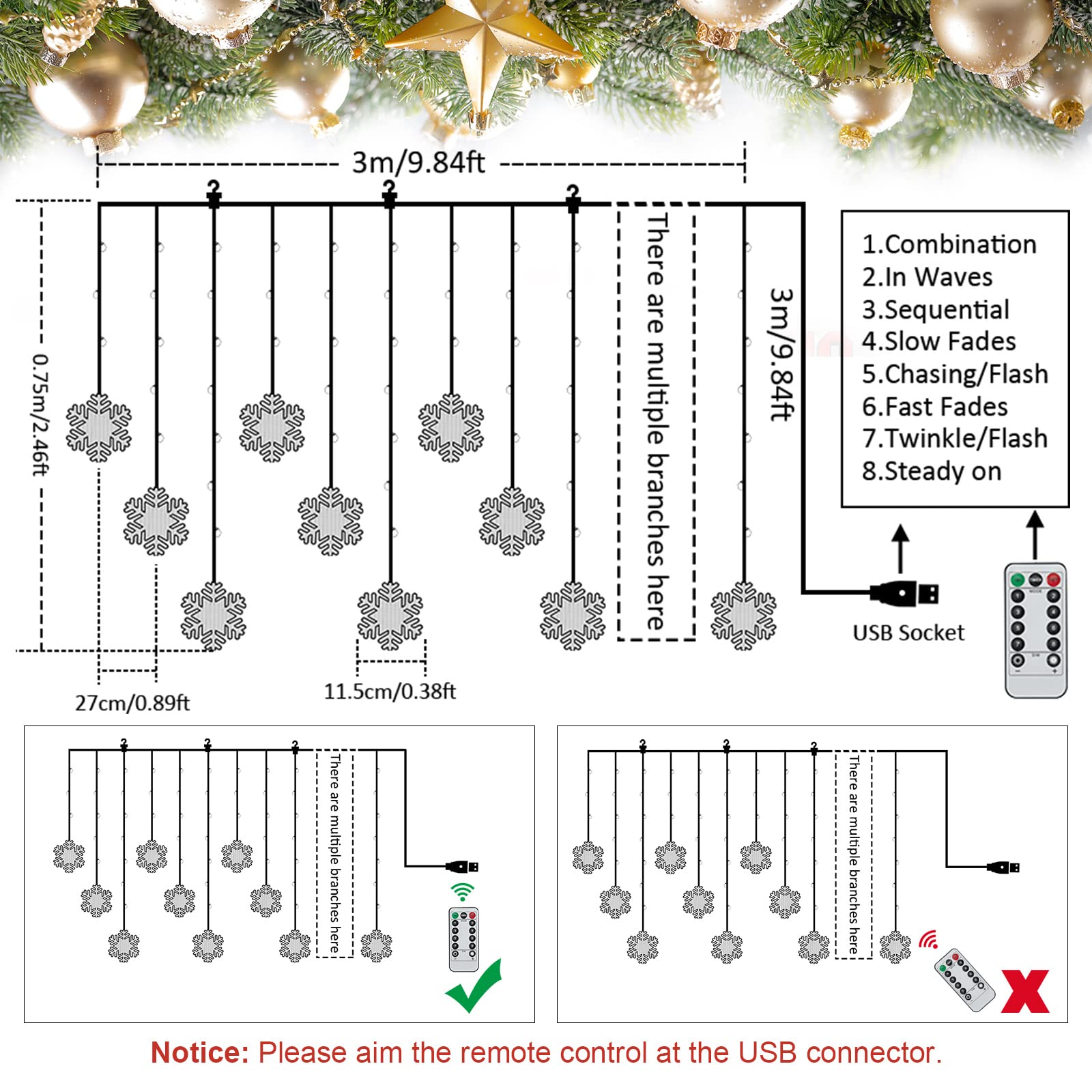 Bloomwin Window Lights Christmas Decor 10Ft 12 Snowflakes Icicle Lights Usb Christmas Curtain Lights For Bedroom Indoor Wall Winter Decorations For Home Church Wedding Birthday, 8 Modes, Warm White