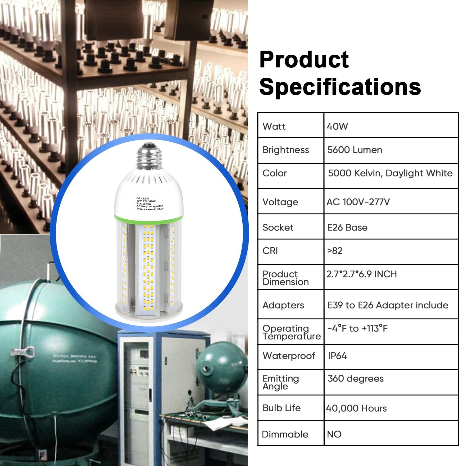 40W Led Corn Cob Bulb  400W Equivalent  5000K Daylight  E26/E39 Base  5600 Lumens - Replace Halogen/Metal Halide  For Barn  Shop  Porch  Yard  Garage Lighting