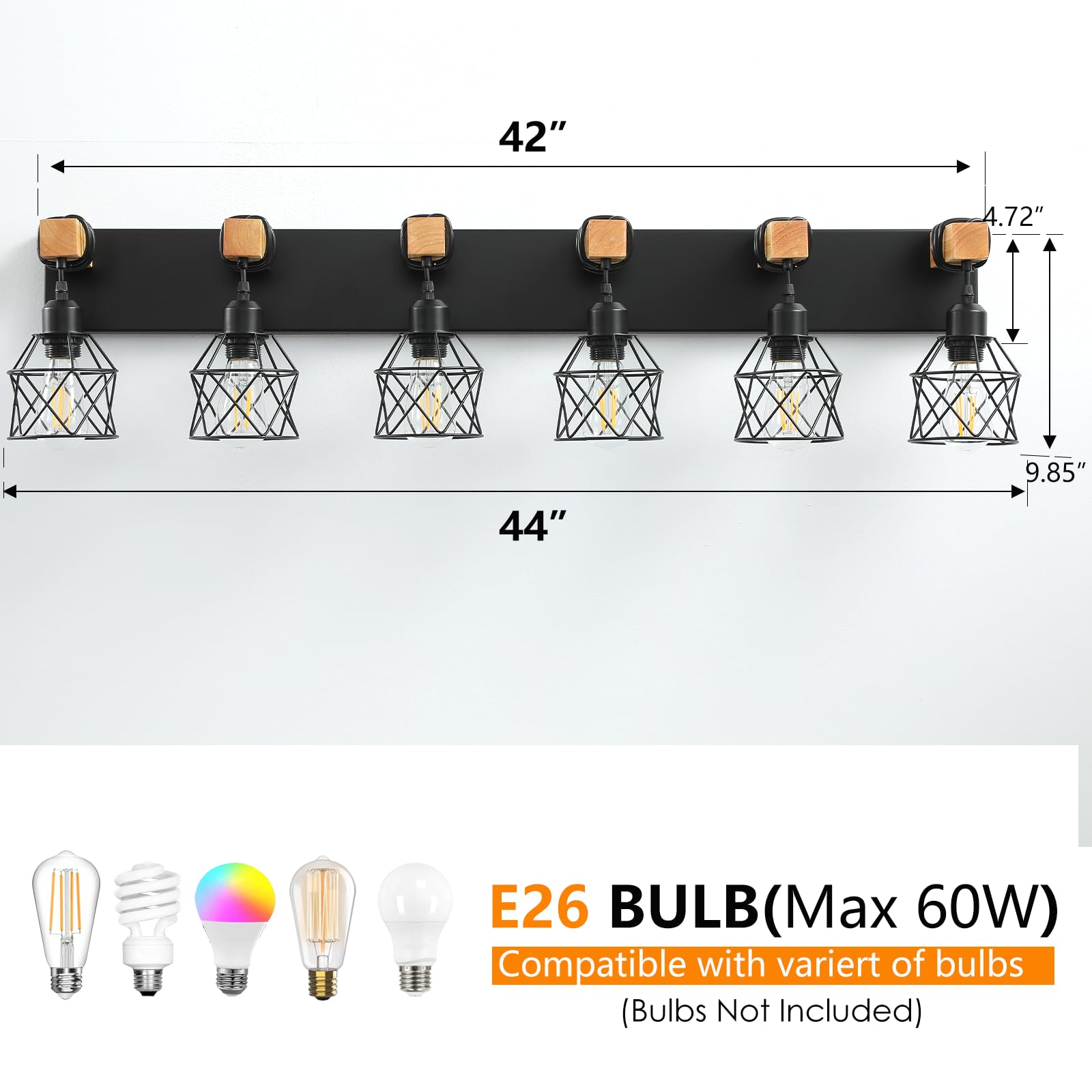 Farmhouse Vanity Light Fixture 6-Light Bathroom Lighting Black Industrial Wood Wall Light Over Mirror With Metal Shade Led Bulbs Not Included