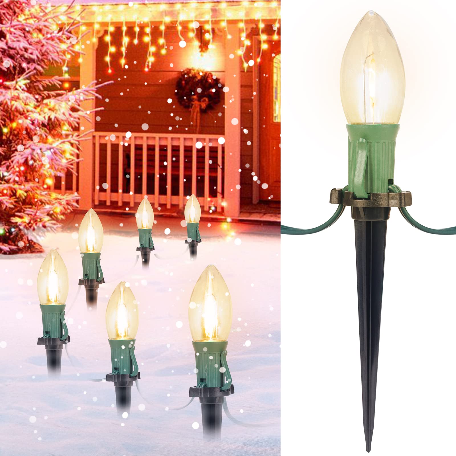 C9 Christmas Lights, 51.4ft Christmas Pathway Lights Outdoor with 40 LED Bulbs and Stakes, Connectable Waterproof String Lights 