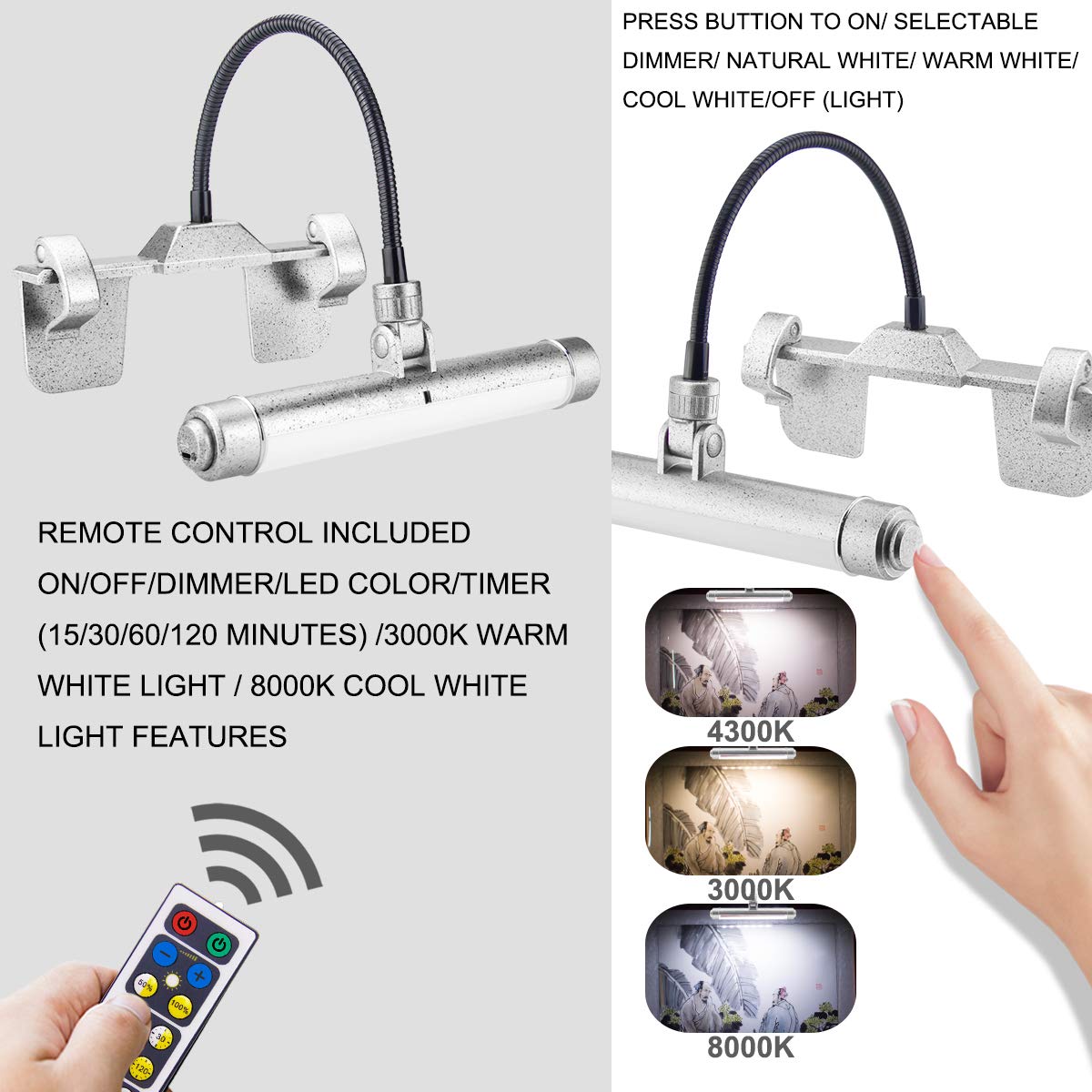 Hongut Rechargeable Picture Light With Remote, 28 Leds, 360° Flexible Neck, Clip-On Design, Silver