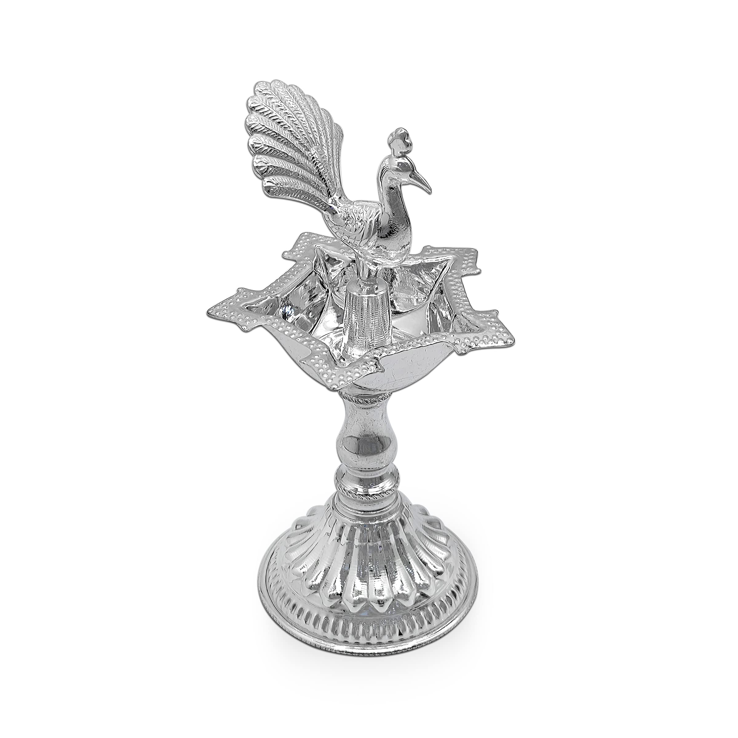 MAA SILVER Pure Silver Diya/Lamp/Deepak with Beautiful Peacock Idol at Centre & Unique Design Perfect for Gifting and Pooja Use
