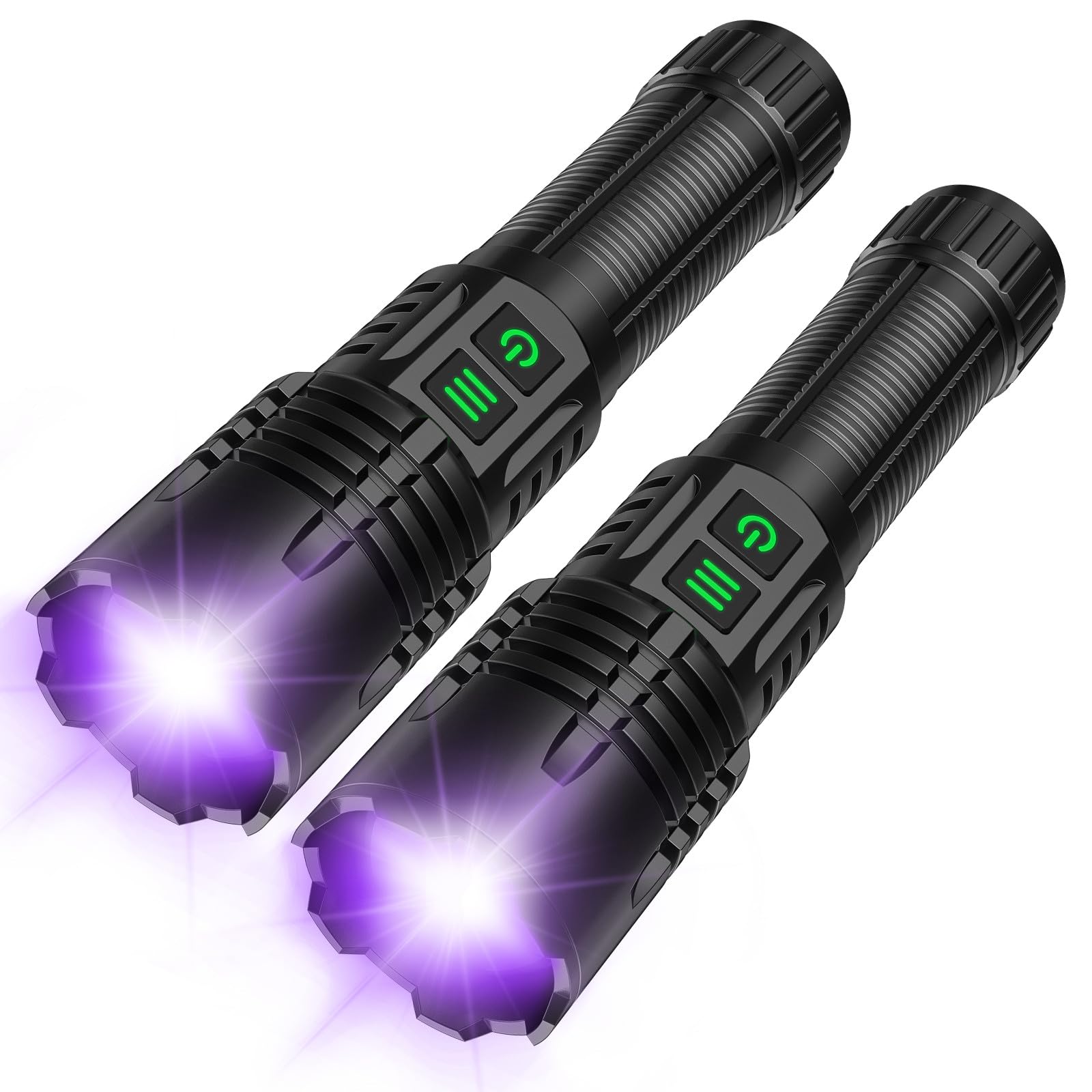 AdamStar UV & High Lumens Rechargeable Flashlight - 2-in-1 Tactical LED, 6 Modes, Waterproof, Zoomable - 2 Pack, Aluminum