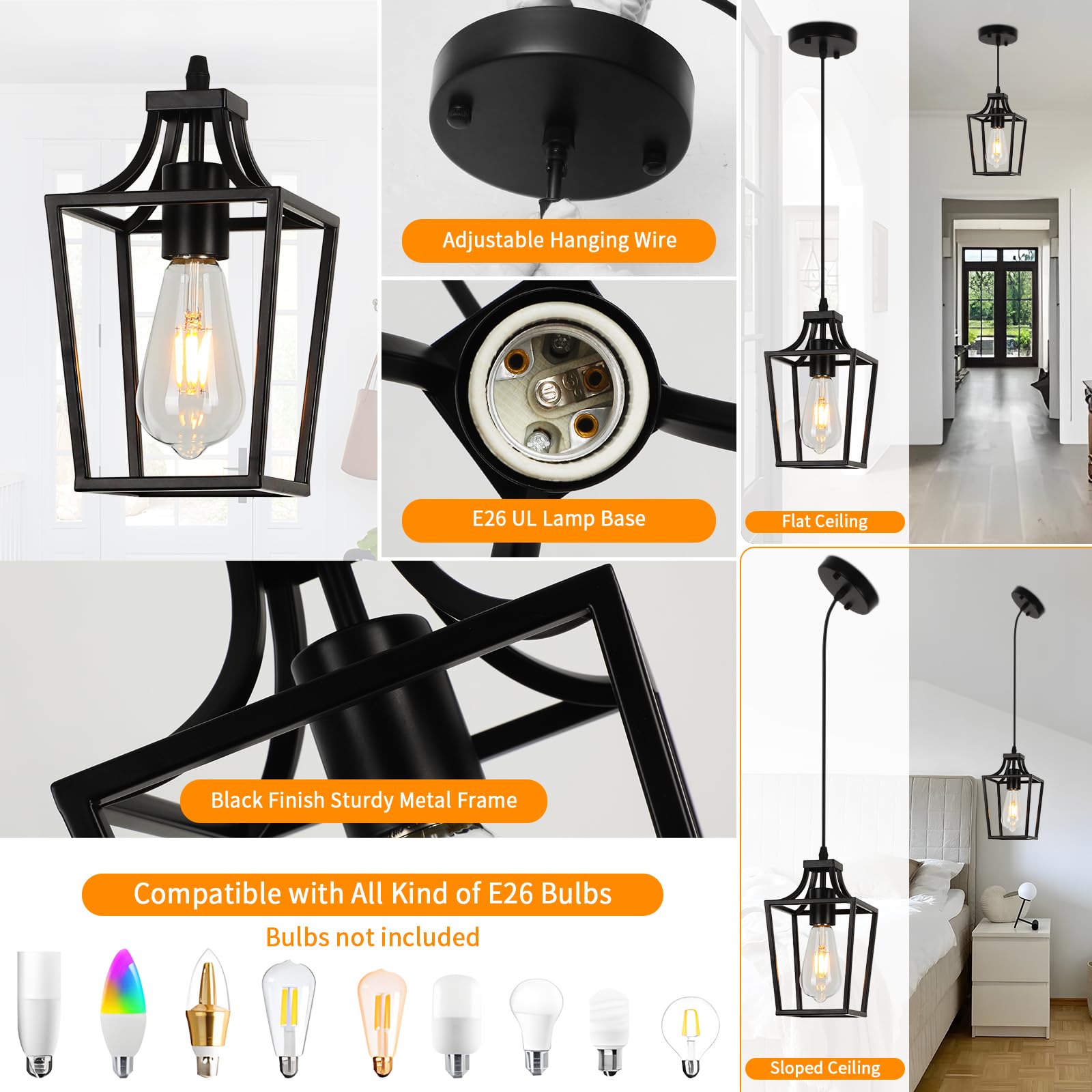 Foucasal Lantern Pendant Light Black Pendant Lights For Kitchen Island Mini Pendant Light Fixture, Adjustable Wire Farmhouse Pen