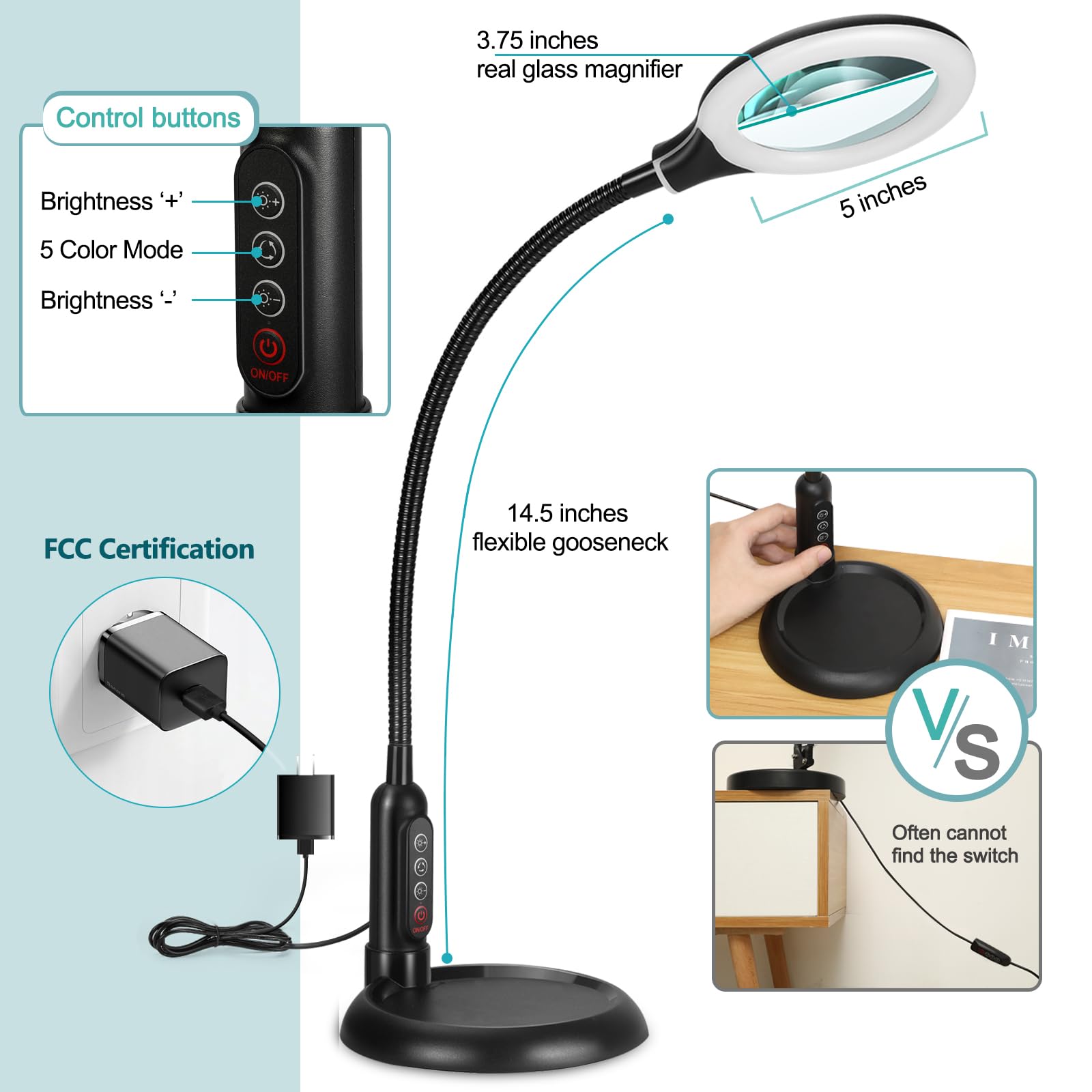 TOMSOO 8X Magnifying Glass with Light - 5 Color Modes, Dimmable, Flexible Gooseneck, Hands-Free Clamp, Black, Model MG-04
