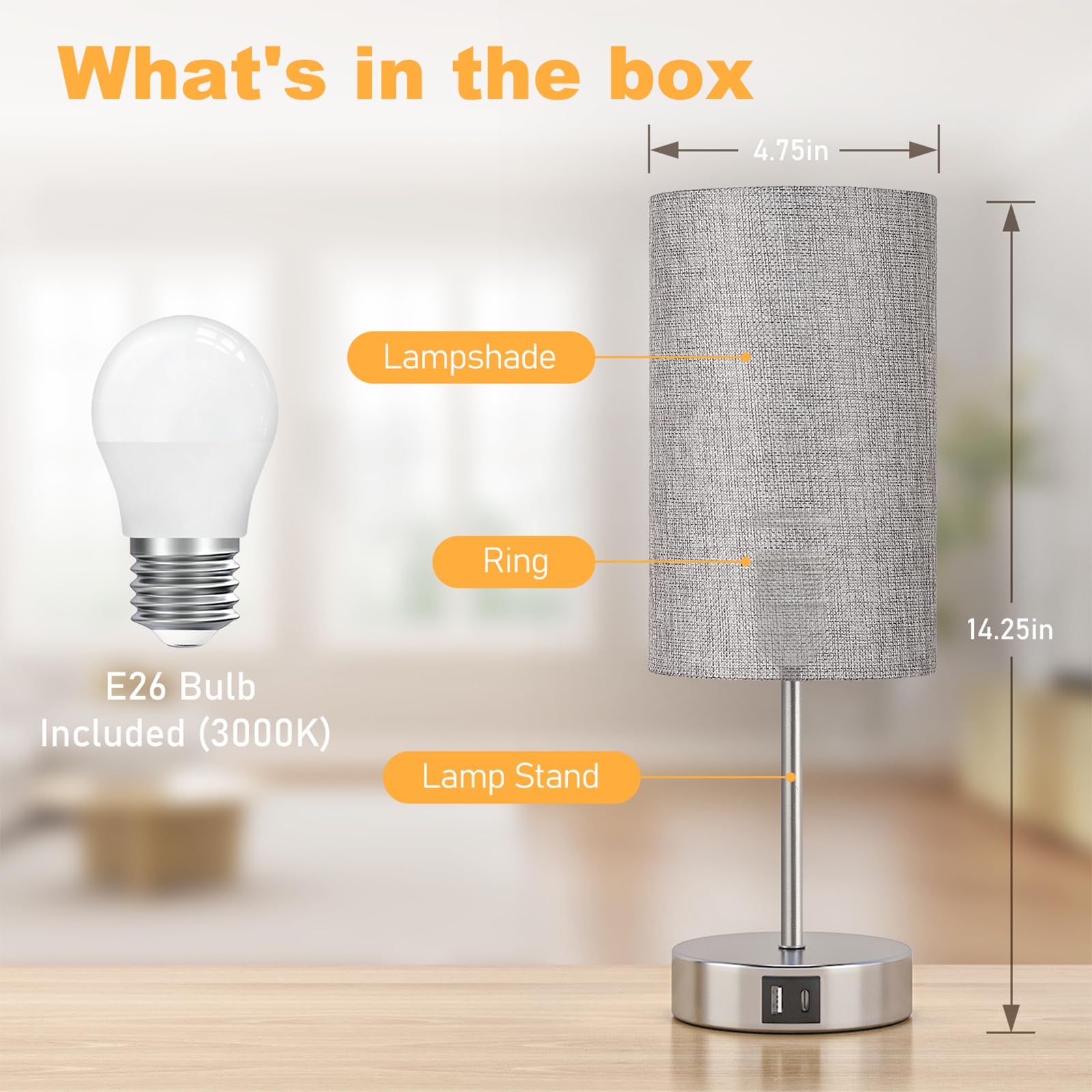 AKASUKI Table Lamp, 3 Way Dimmable, Touch Control, Fabric, 14.25 in, Grey Shade-Silver Base, Model XTD-Y, LED Bulb Included