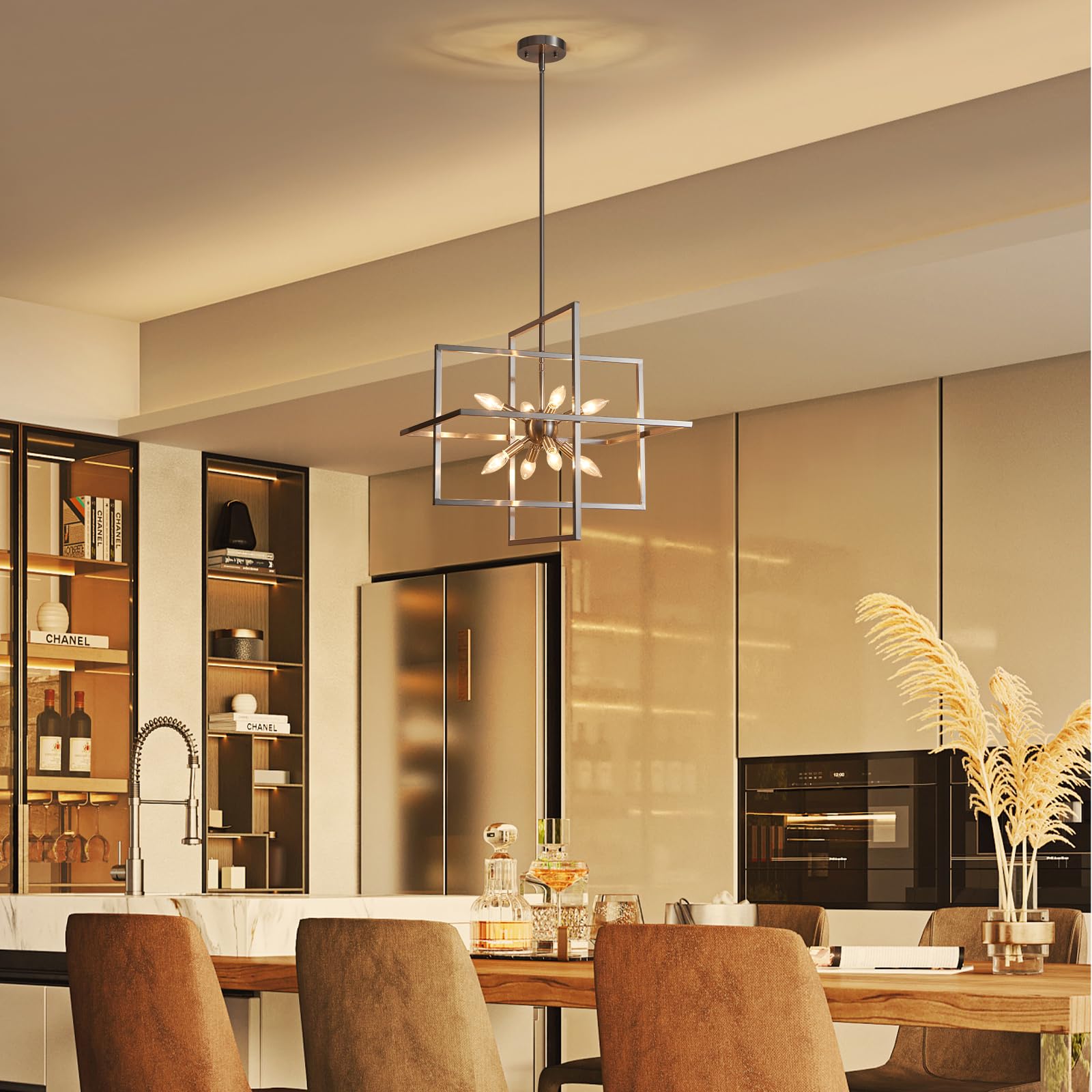 XINGQI Brushed Nickel Chandelier, 8-Light Modern Pendant Lighting for Dining Room, Kitchen, Living Room - Model XY109-BN