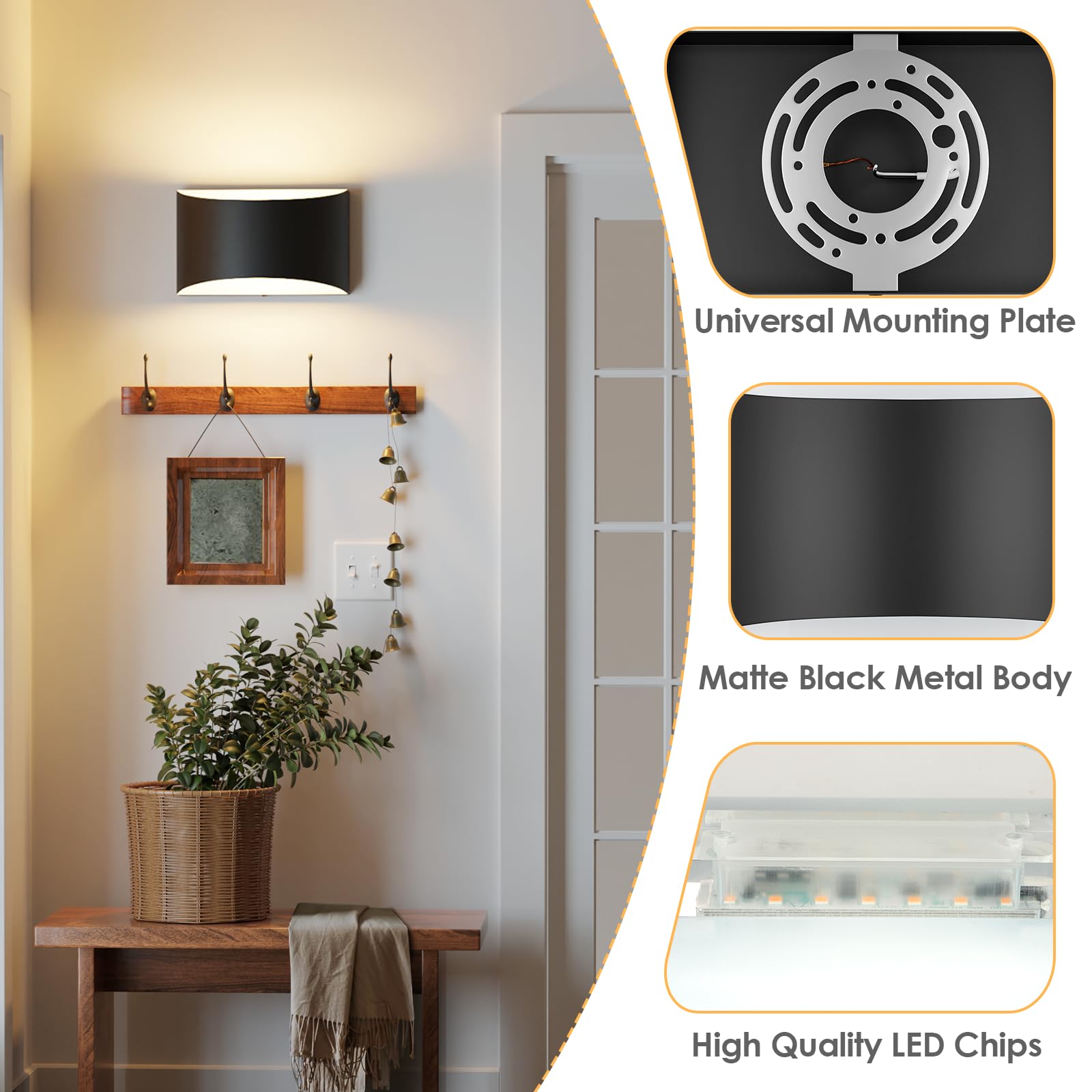 FOLKSMATE Modern LED Wall Sconces Set of 2, 3000K Warm White, Matte Black, 9.06 inch, Hardwired for Living Room, Bedroom, Hall
