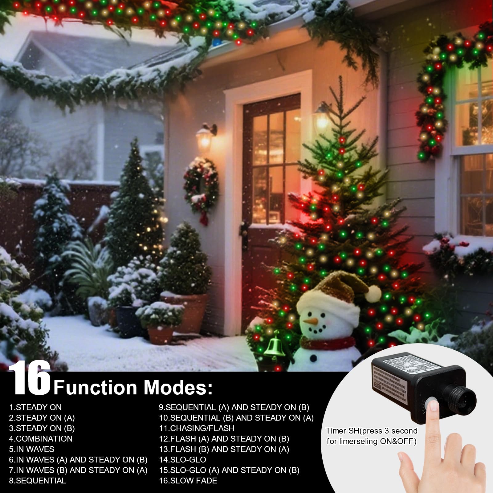 Lamphome 66Ft Christmas Decorative Mini Lights  200 Led Transparent Wire Fairy Starry String Lights Plug In  16 Lighting Modes For Outdoor Xmas Tree Wedding Party Decoration (Red Green Warm)