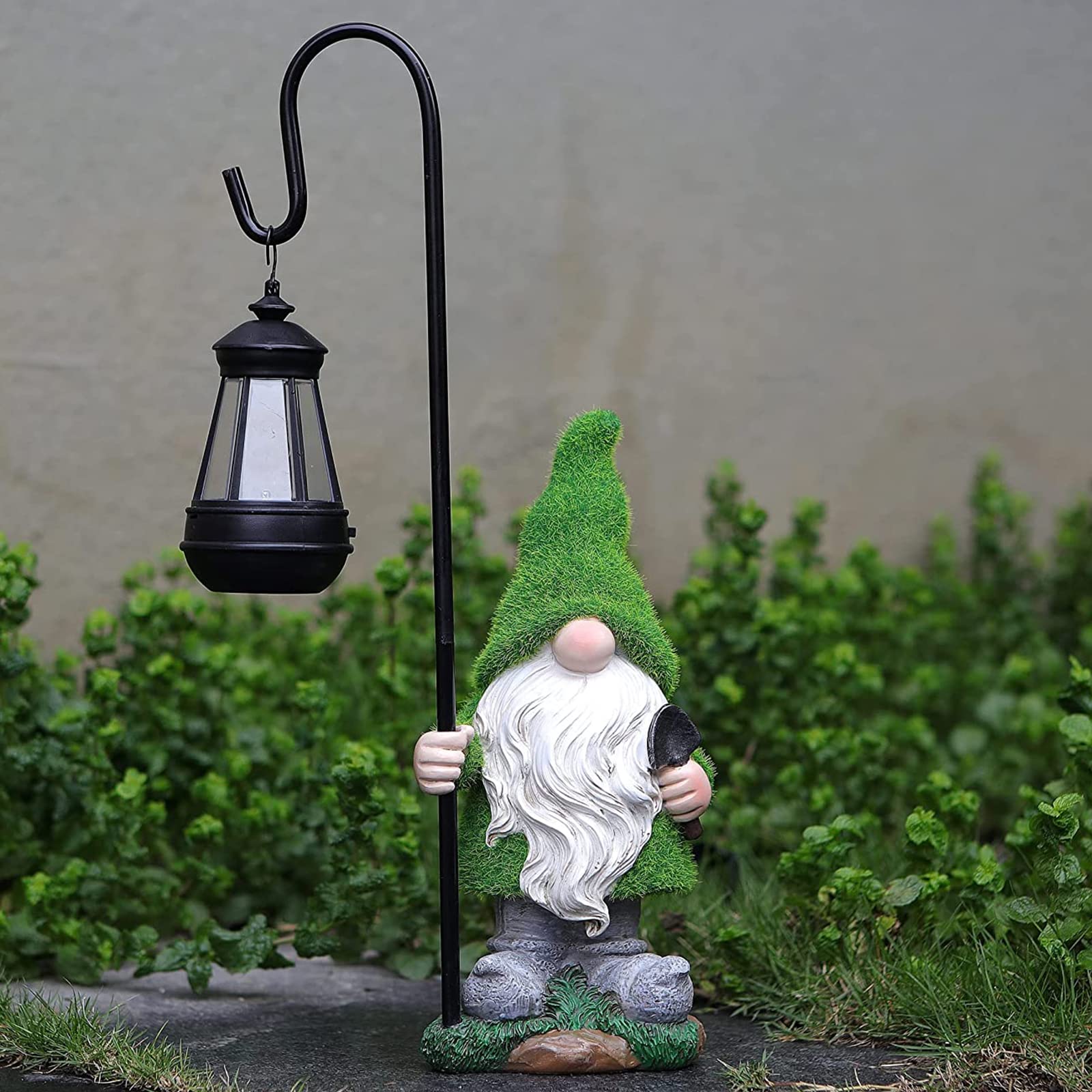 Flocked Garden Gnome Statue with Solar LED Light, Large Funny Fairy Gnomes Figurines with Solar Lantern, Outdoor Fall Decoration