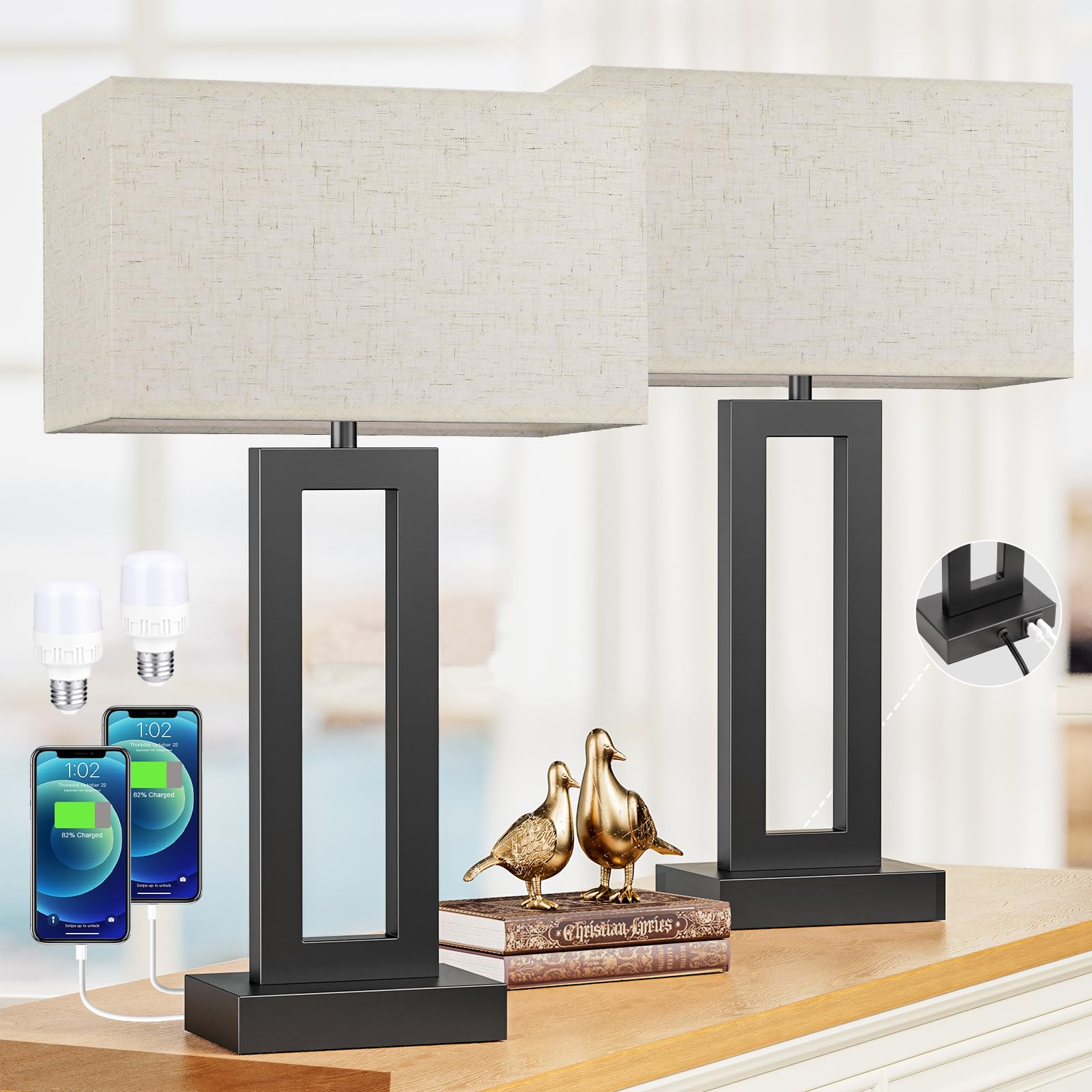 Seealle Cream & Black Bedside Lamps Set of 2, 22in Tall, Touch USB C+A, 3 Way Dimmable, Metal, Model 04076