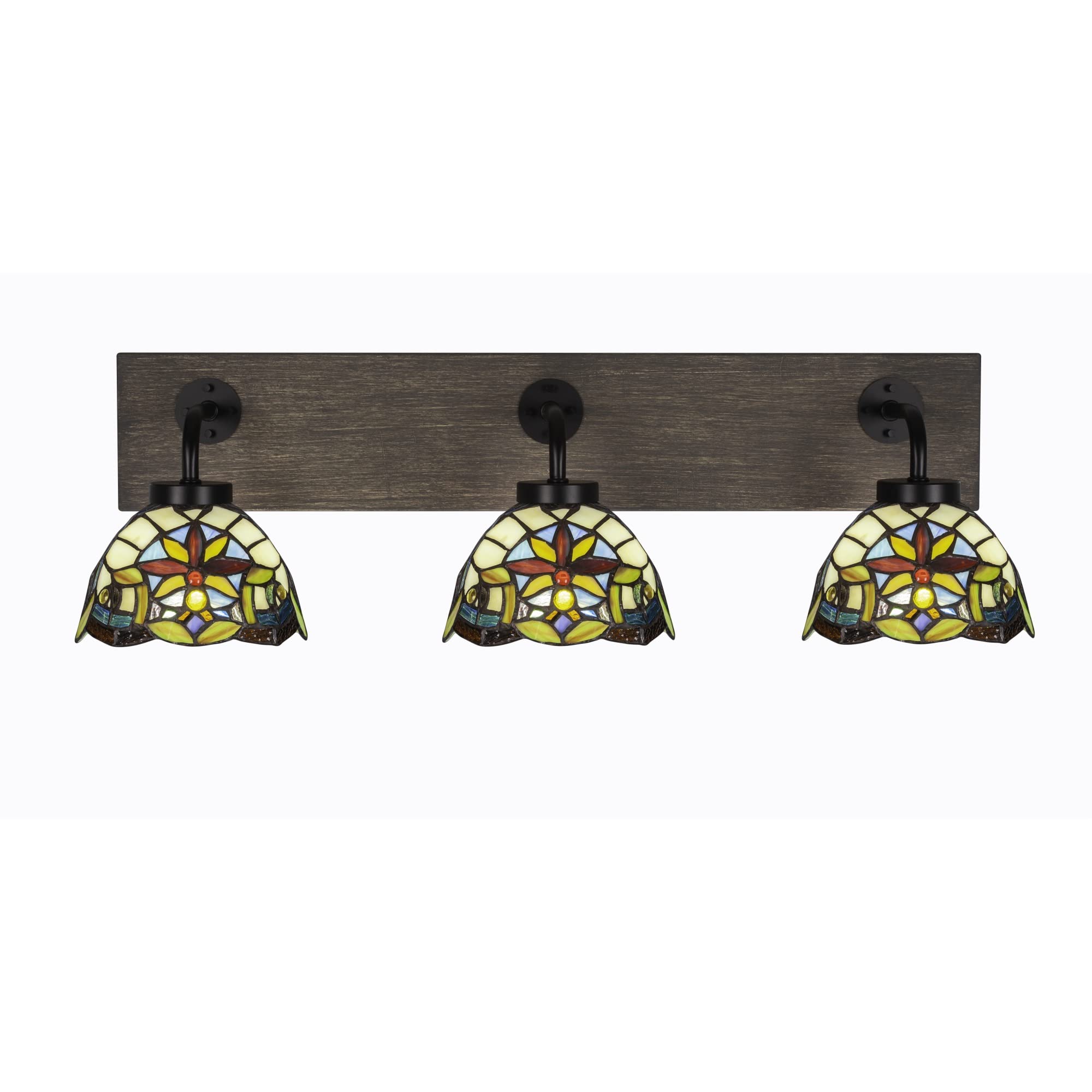 Oxbridge 3 Light Bath Bar In Matte Black & Painted Distressed Wood-Look Metal Finish With 7" Earth Star Art Glass
