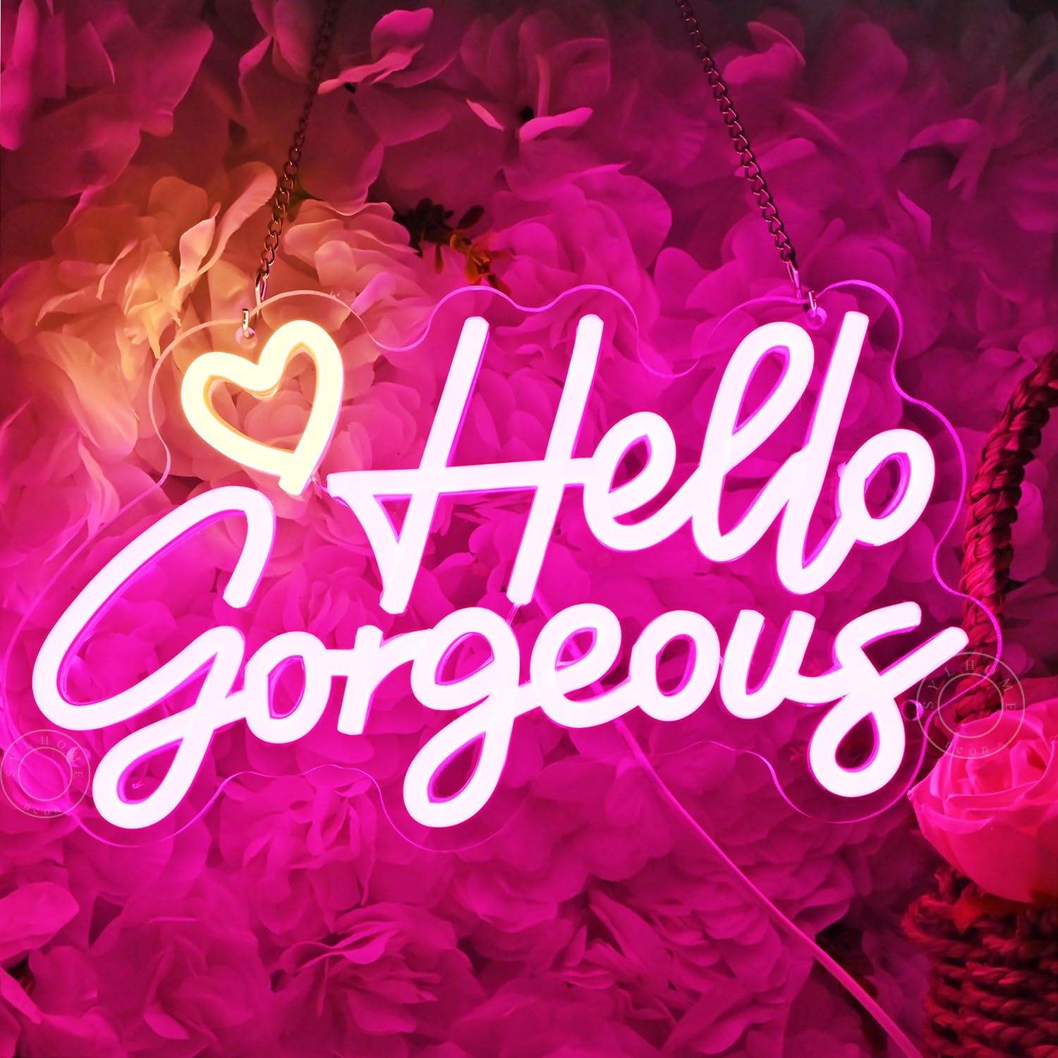 SYLHOME LED Neon Light Sign - Hello Gorgeous - Acrylic Decor - 11.8in X 6.8in - Warm White and Pink - Bedroom/Salon/Wedding Decoration