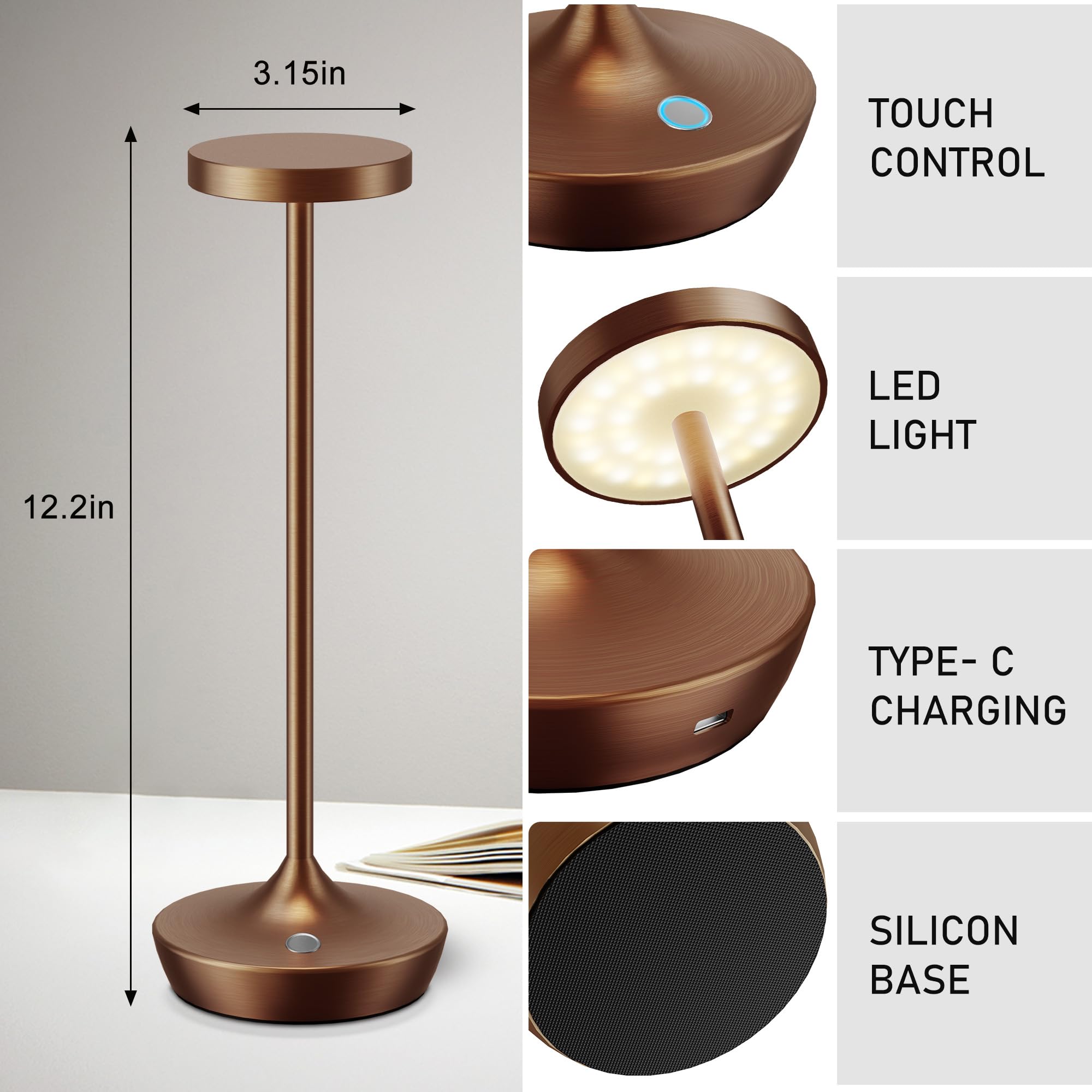 Willdoak Cordless Table Lamp - 6000mAh Rechargeable LED Light, Touch Dimmable, Waterproof, Brown, Model X86, Portable for Outdoor Use