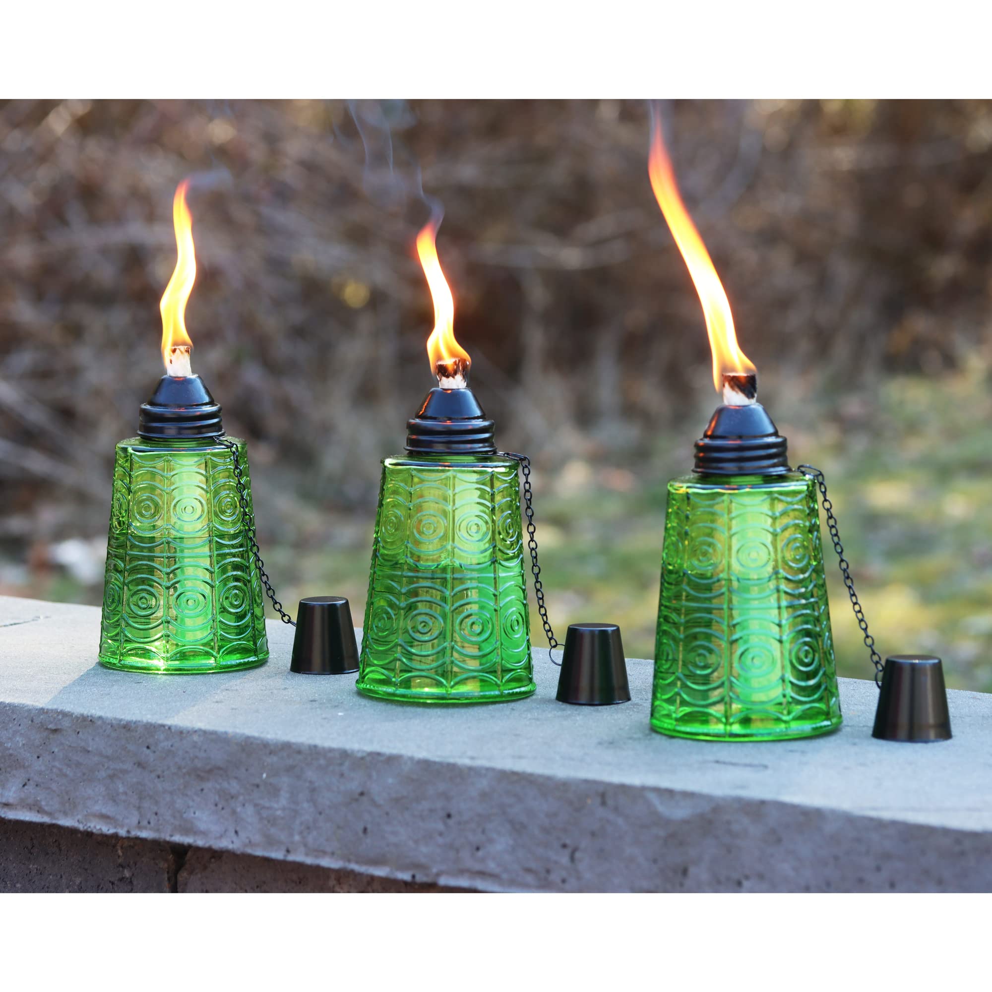 Seraphic Citronella Tiki Torches Set of 3, 16oz Decorative Glass, Green for Outdoor Patio, Deck, Garden, Parties