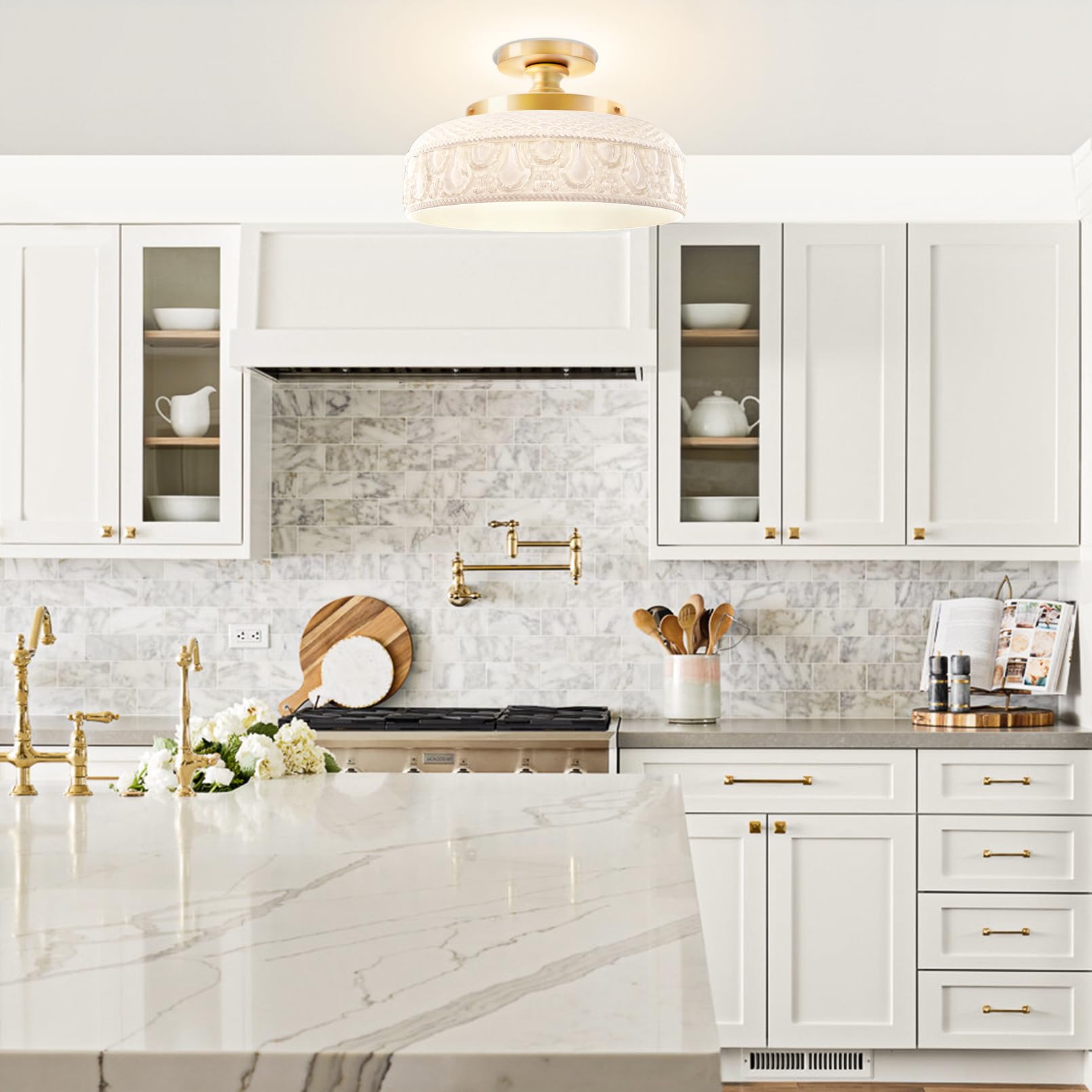 Lamomo Semi Flush Mount Ceiling Light,White Glass Shade Gold Hallway Light Fixture,3-Bulb Globe Glass Close To Ceiling Scone,Ind