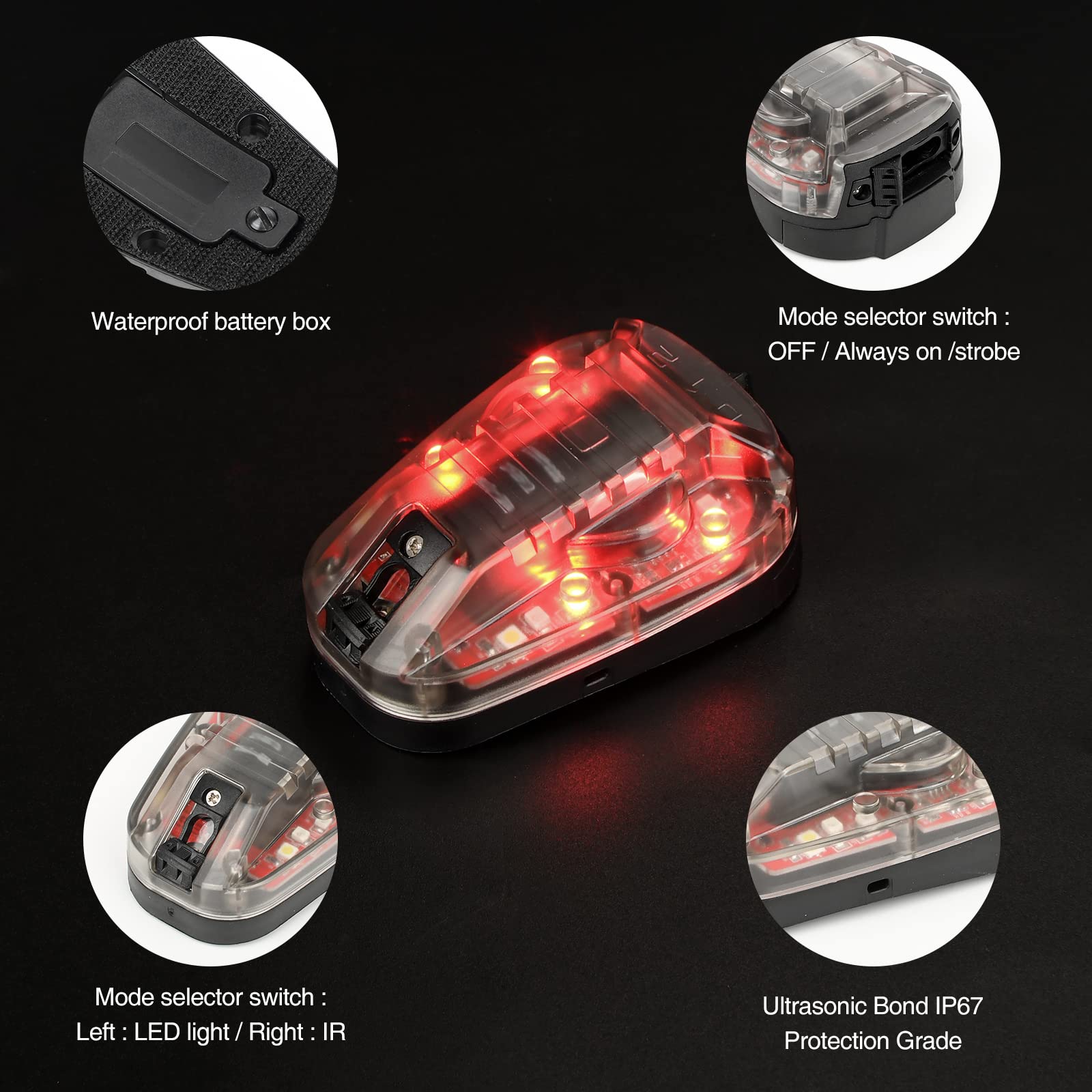 NOBUHIRO Tactical Signal Light - 4 Modes, Waterproof, LED + IR, Military Survival Lamp, Model WD03001-BK-RED